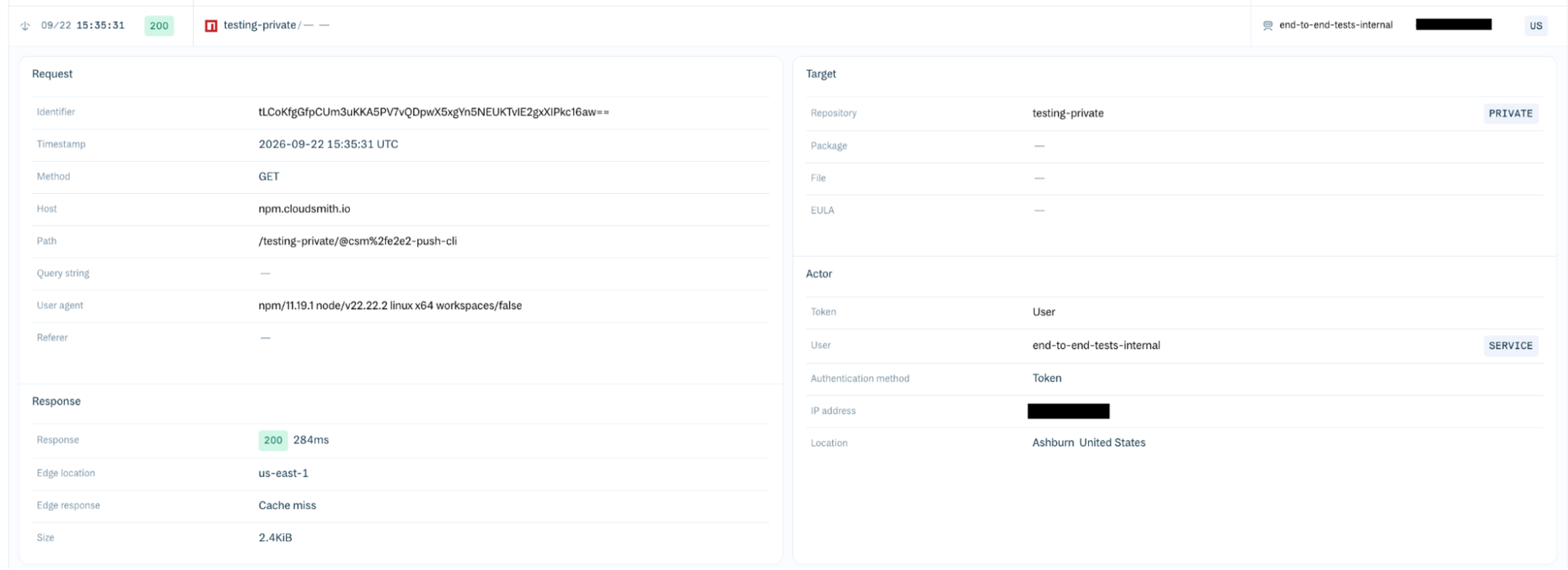 An expanded client log entry in the Cloudsmith web app.
