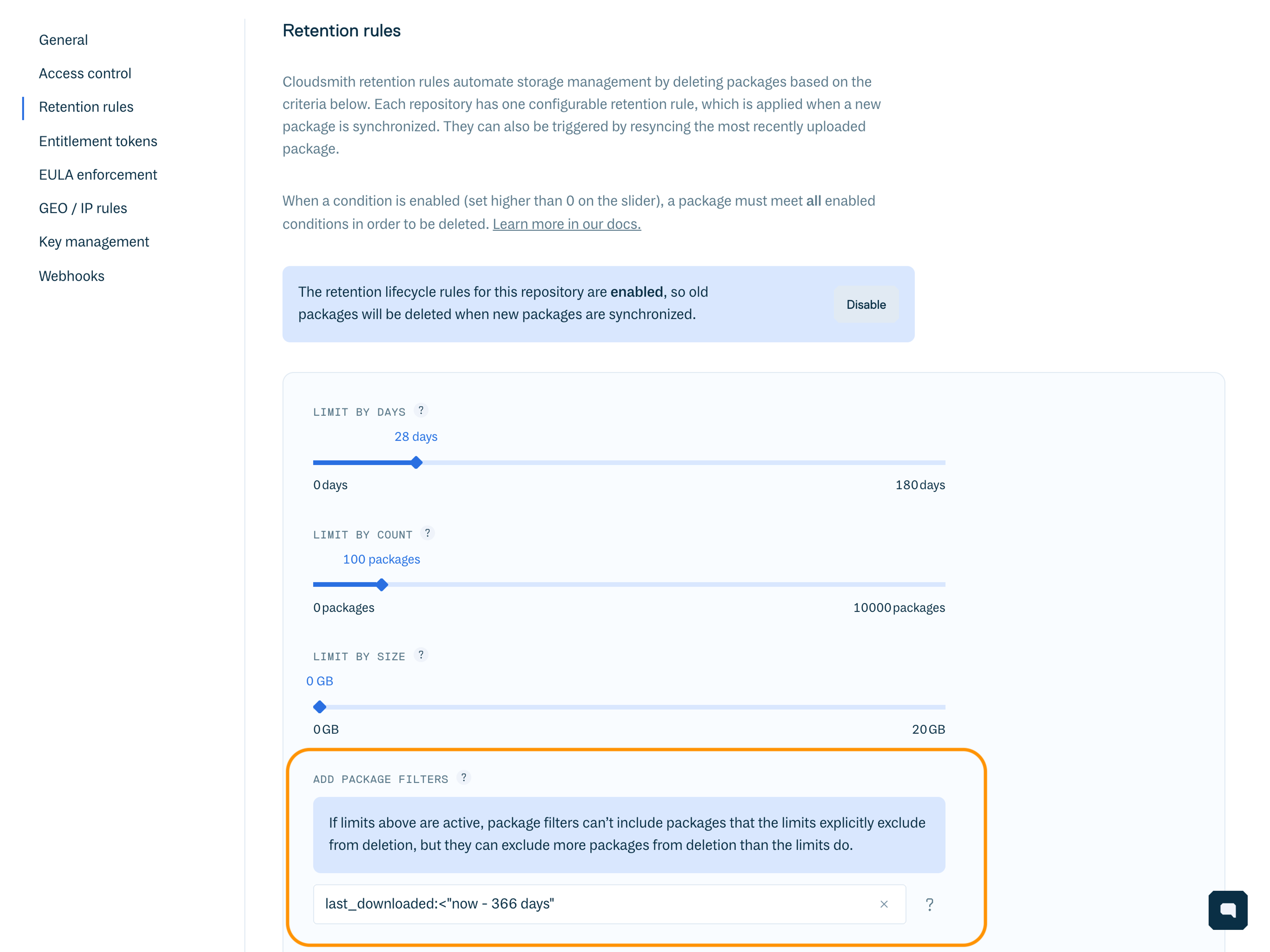 Package filter query in Cloudsmith's retention rules feature