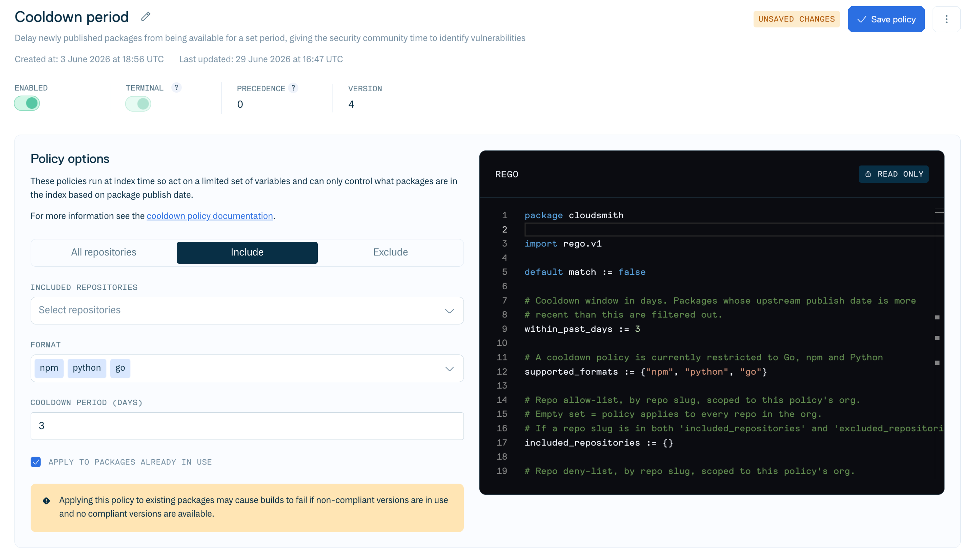 The cooldown policy edit view in the Cloudsmith web application.