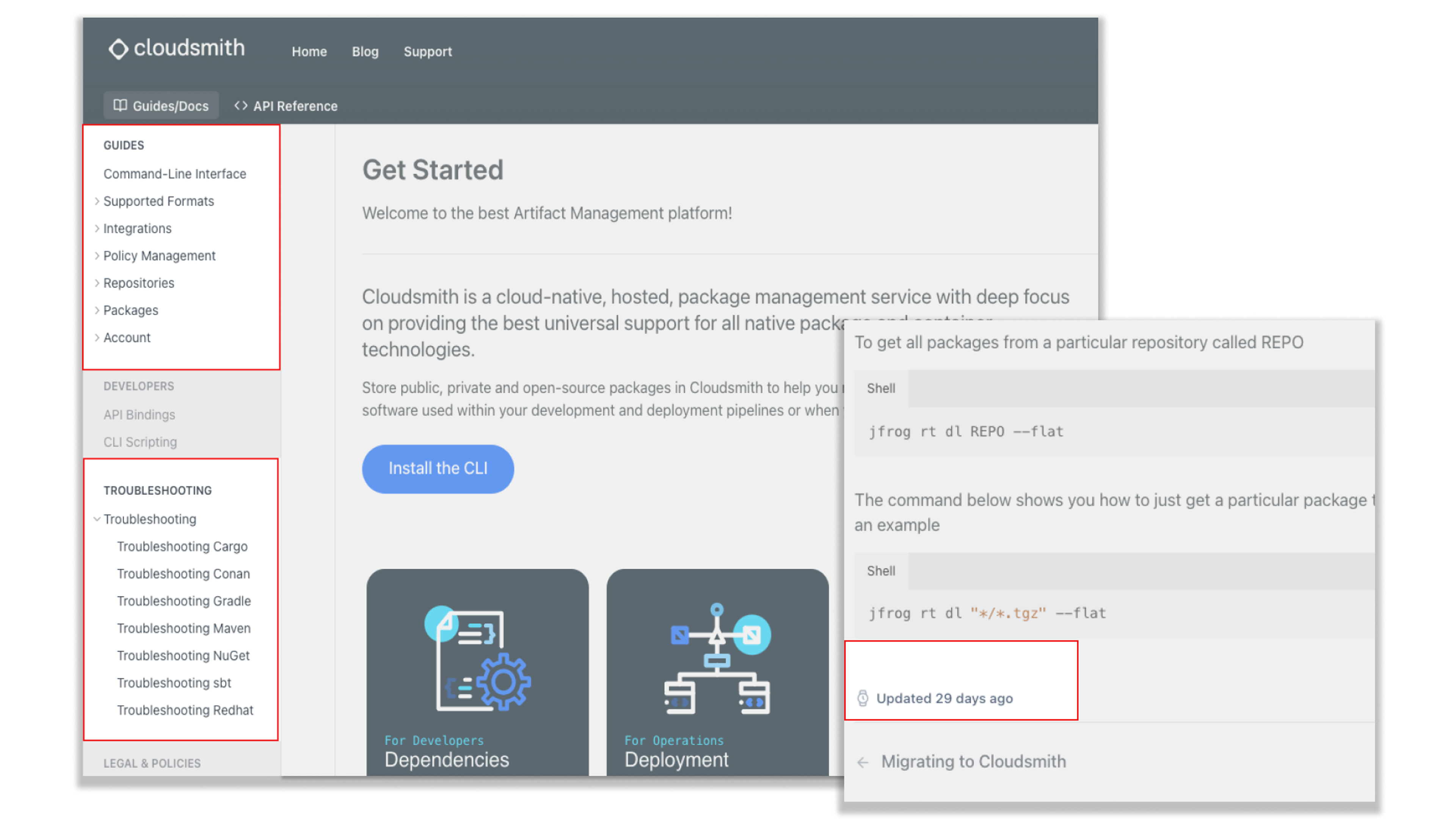 Screenshots from Cloudsmith's documentation hub showing lists of user guides, troubleshooting guides and update dates