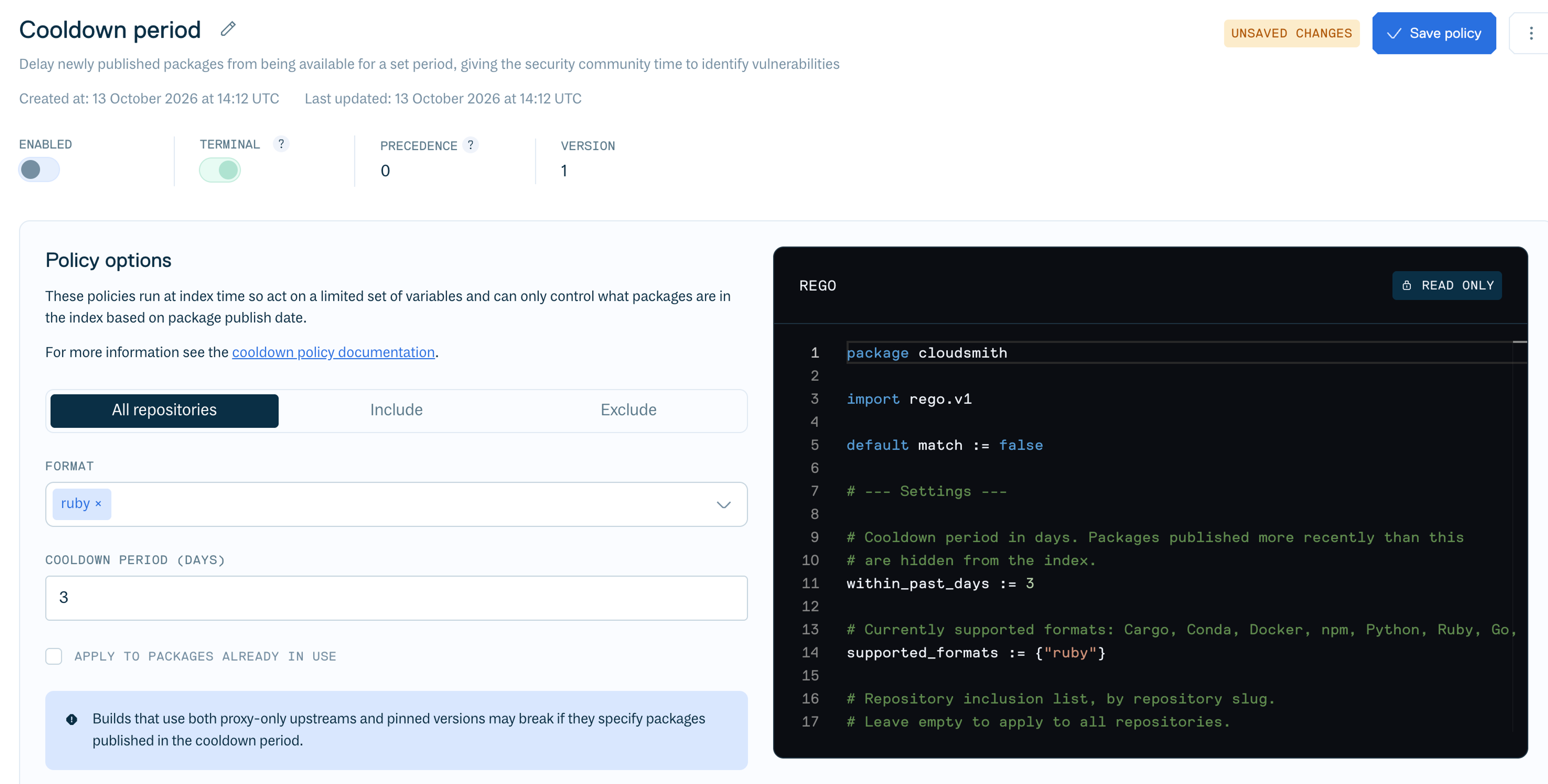 The cooldown policy edit view in the Cloudsmith web app.