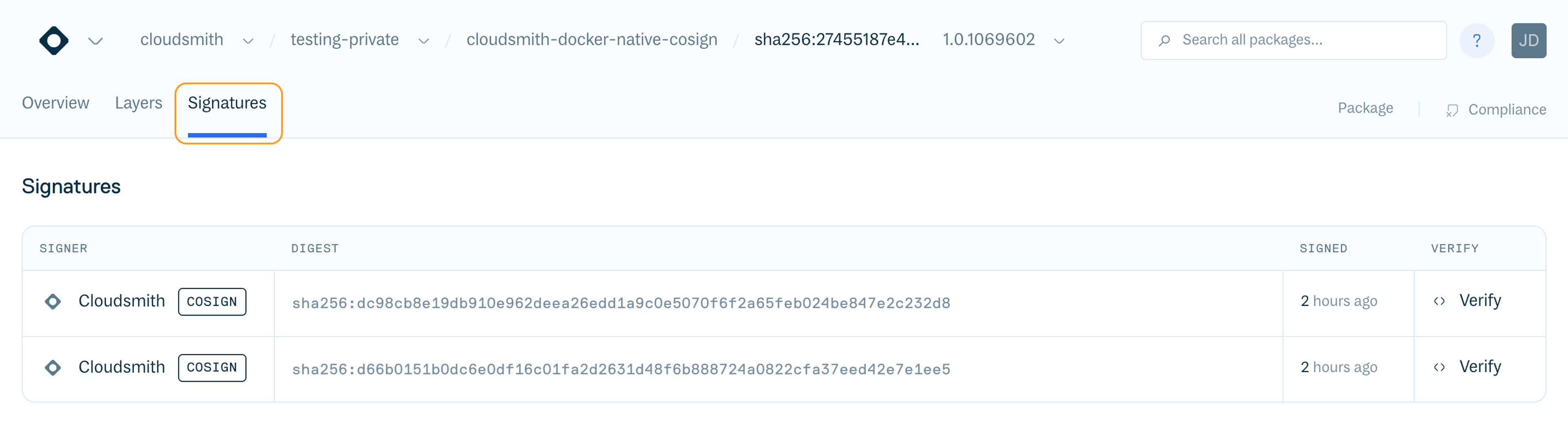 Viewing a Docker image's signatures in our web app