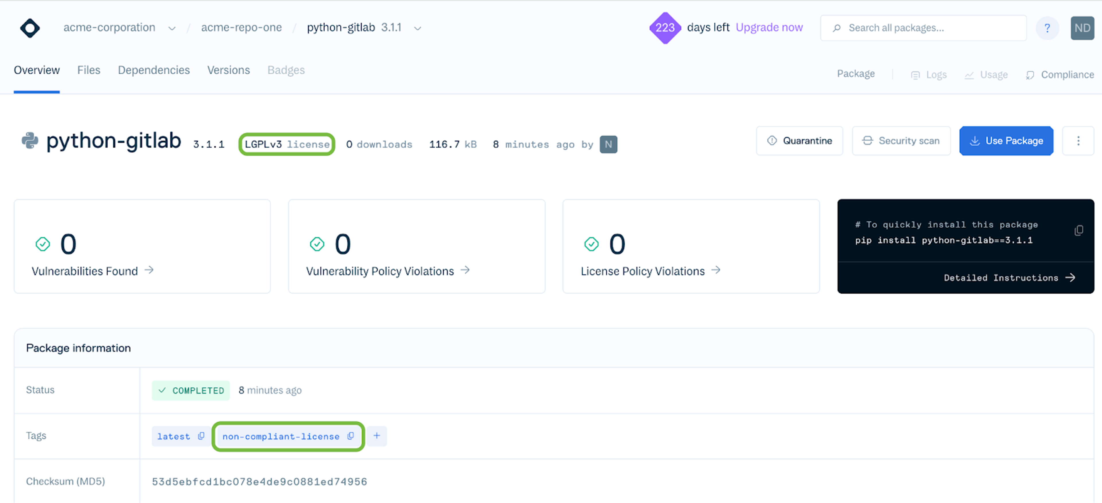 Cloudsmith package tagged for non-compliant licensing