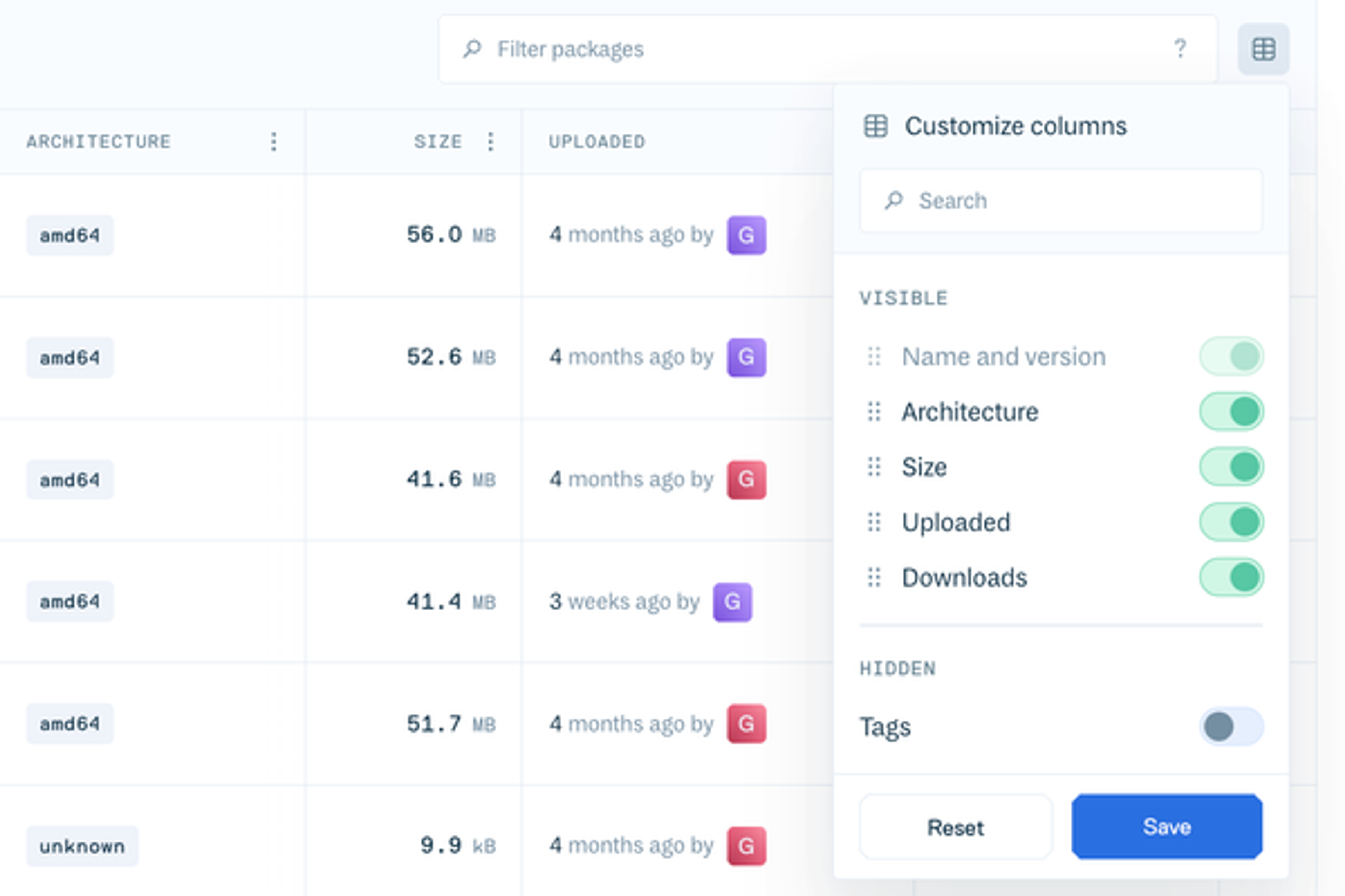 Table column customization