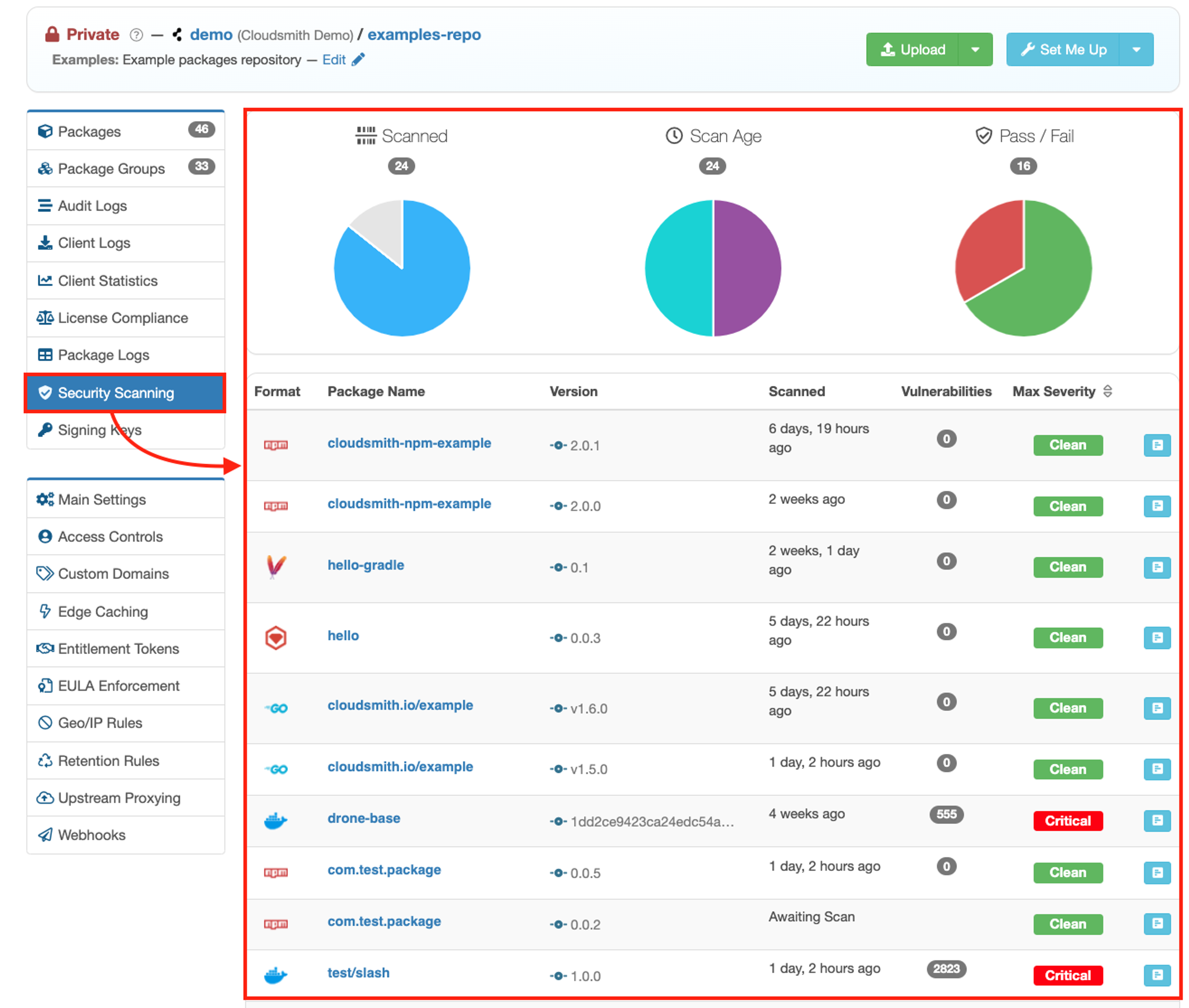 Cloudsmith provides a central location to view vulnerabilities in all your binaries and their dependencies.