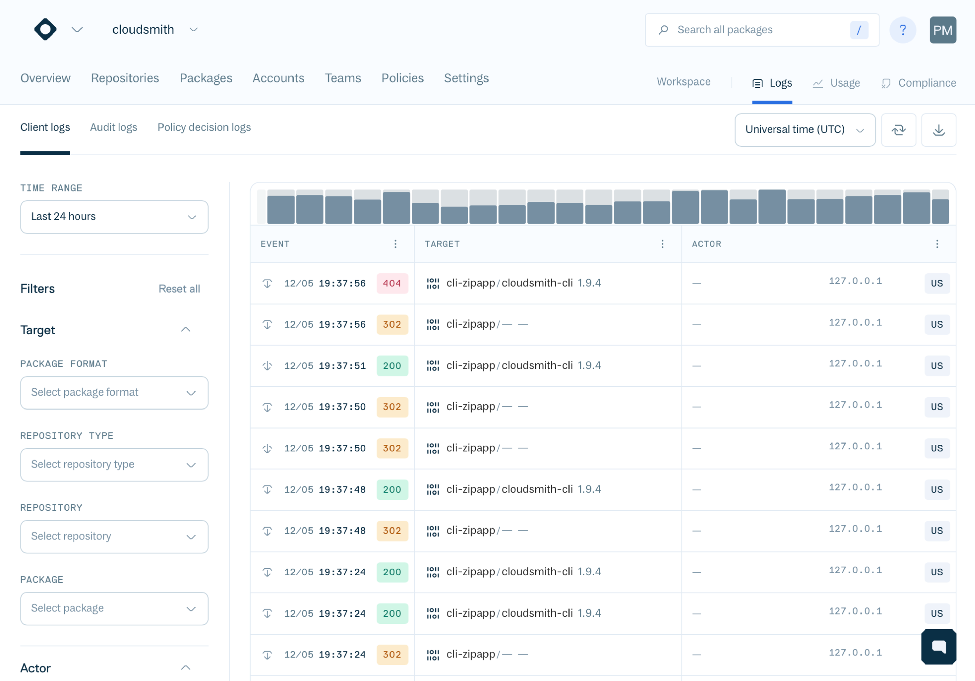Client Logs now include error events in the Cloudsmith web app