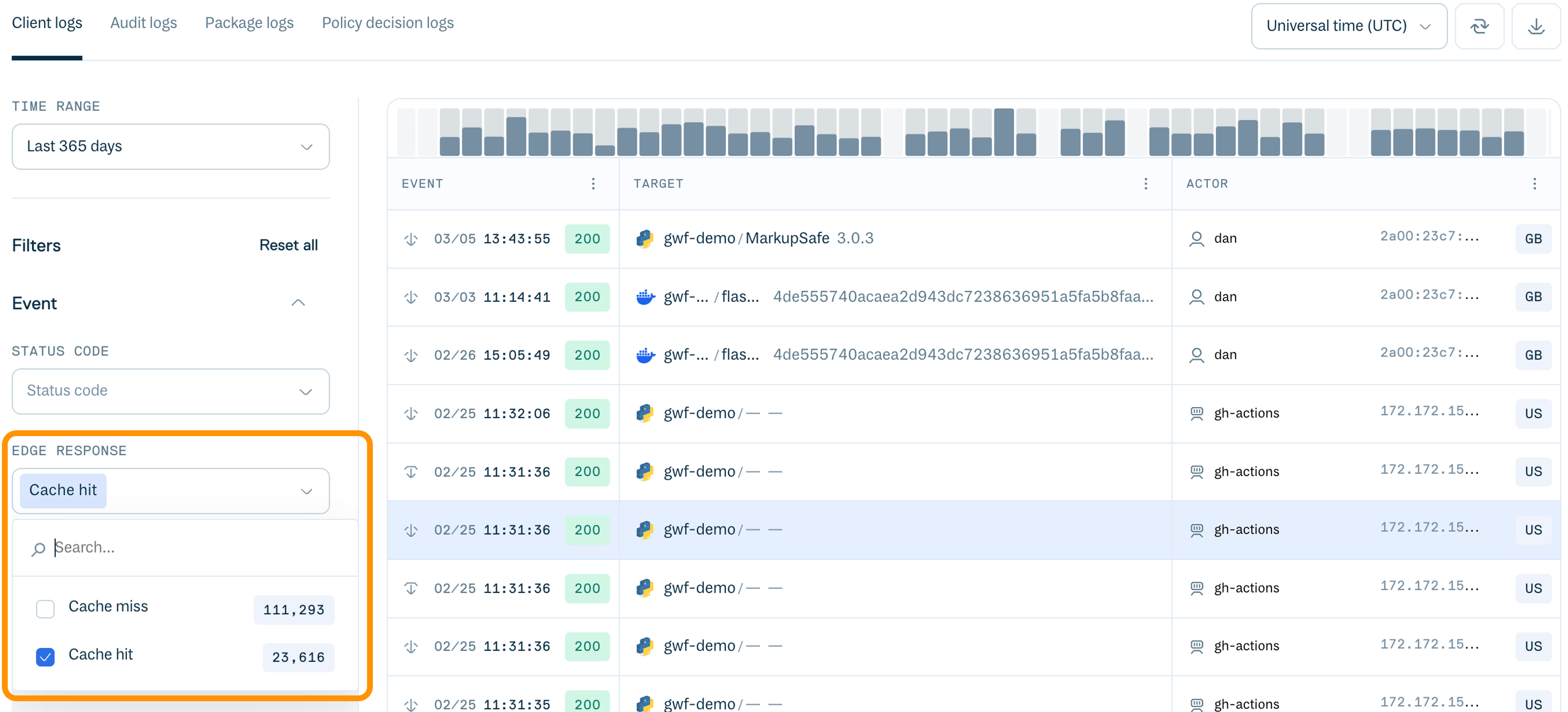 Filter by cache hit and cache miss in Client Logs