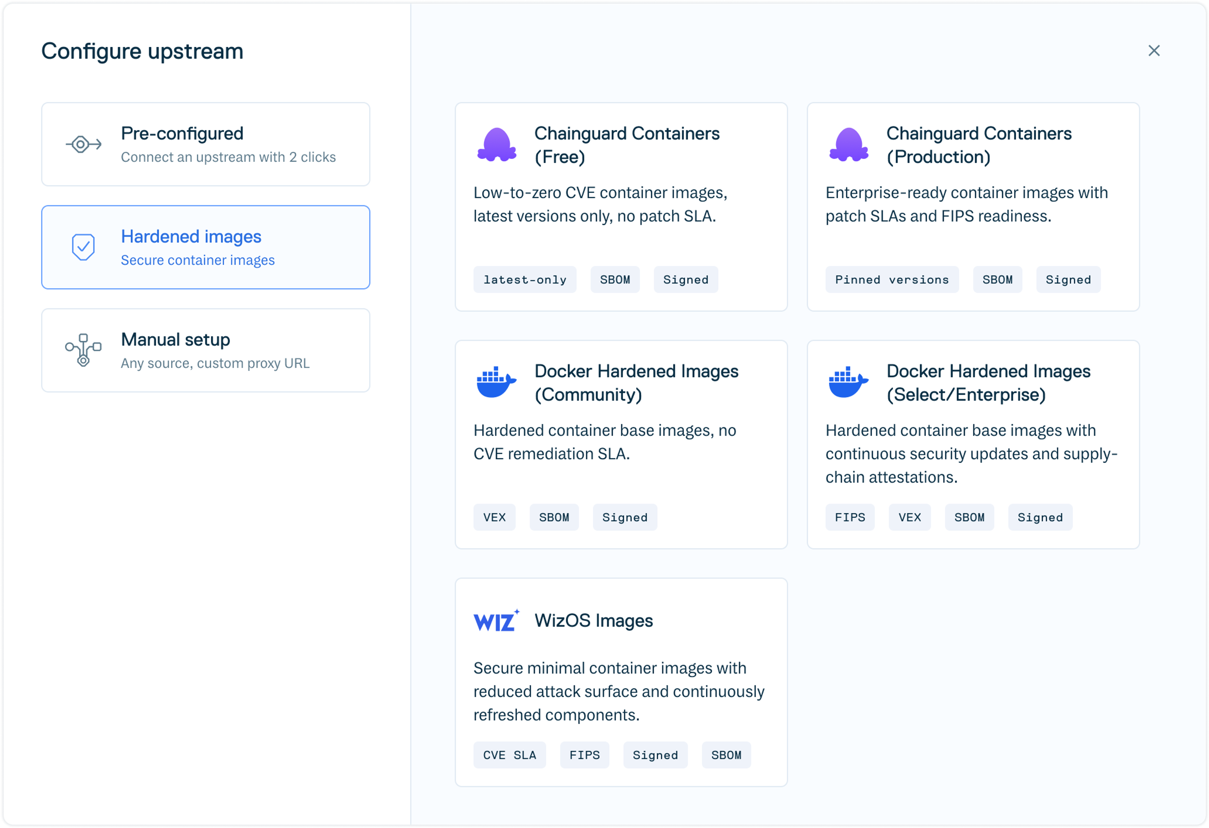 The 'Hardened images' tab of the upstream configuration modal in the Cloudsmith web app.
