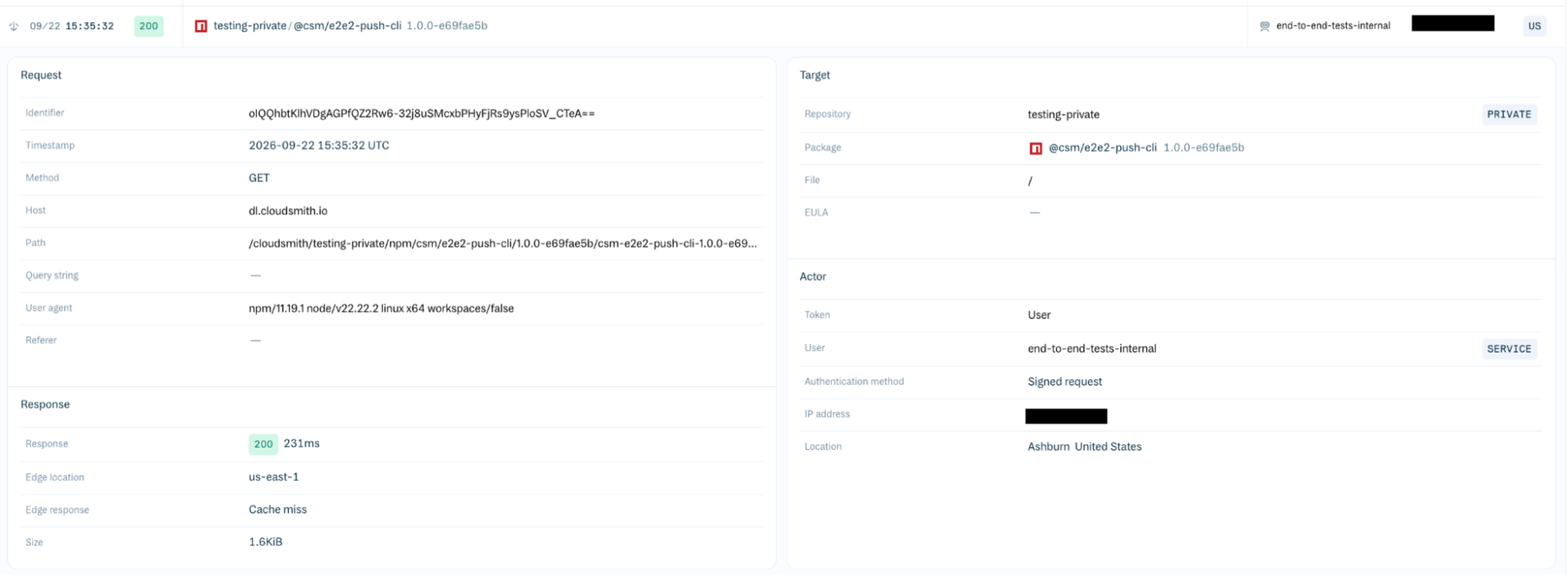An expanded client log entry in the Cloudsmith web app.