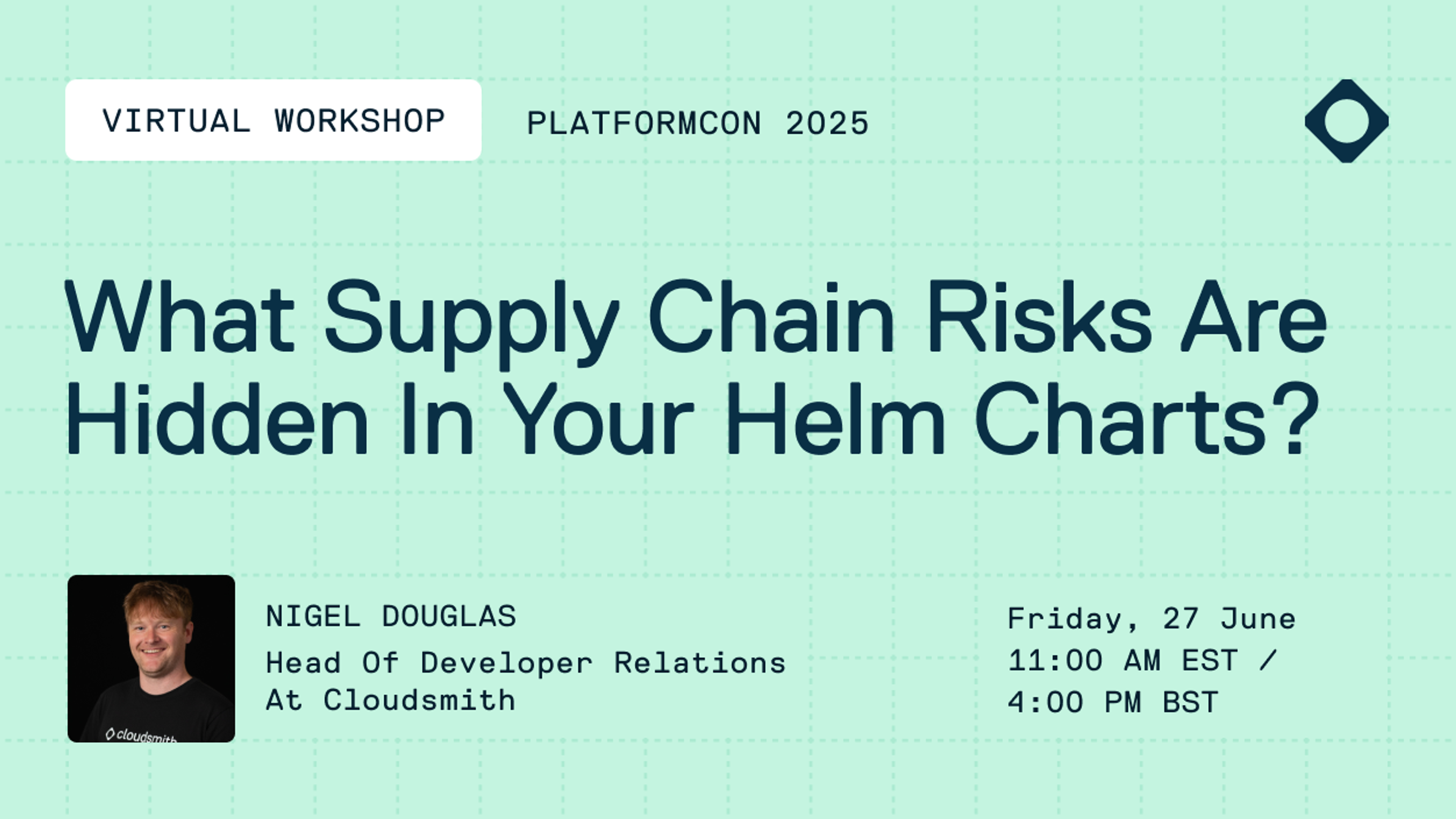 Promotional graphic for a virtual talk held by Cloudsmith at PlatformCon2025