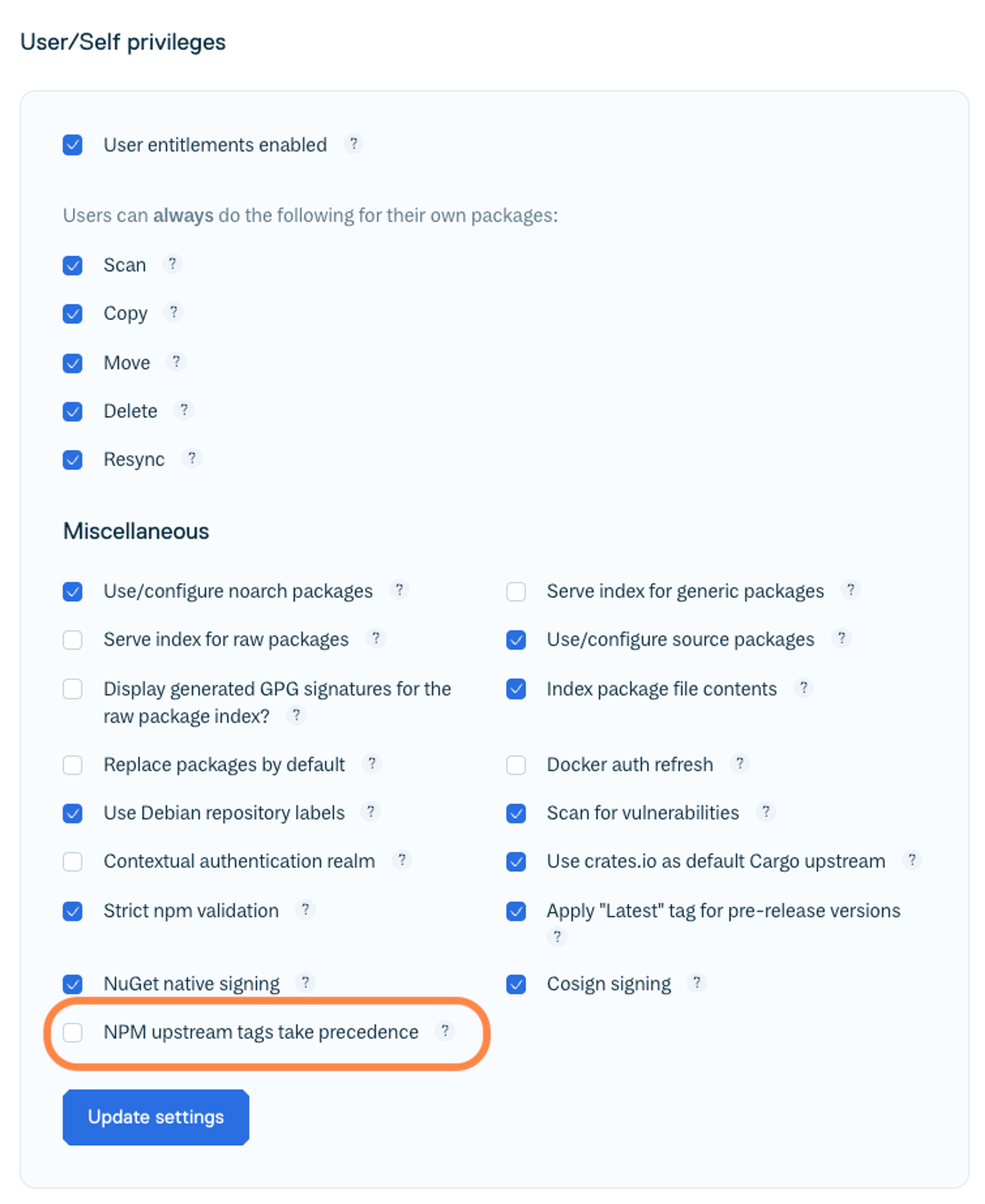An image showing the 'User/Self privileges' repository settings view in the Cloudsmith web app.