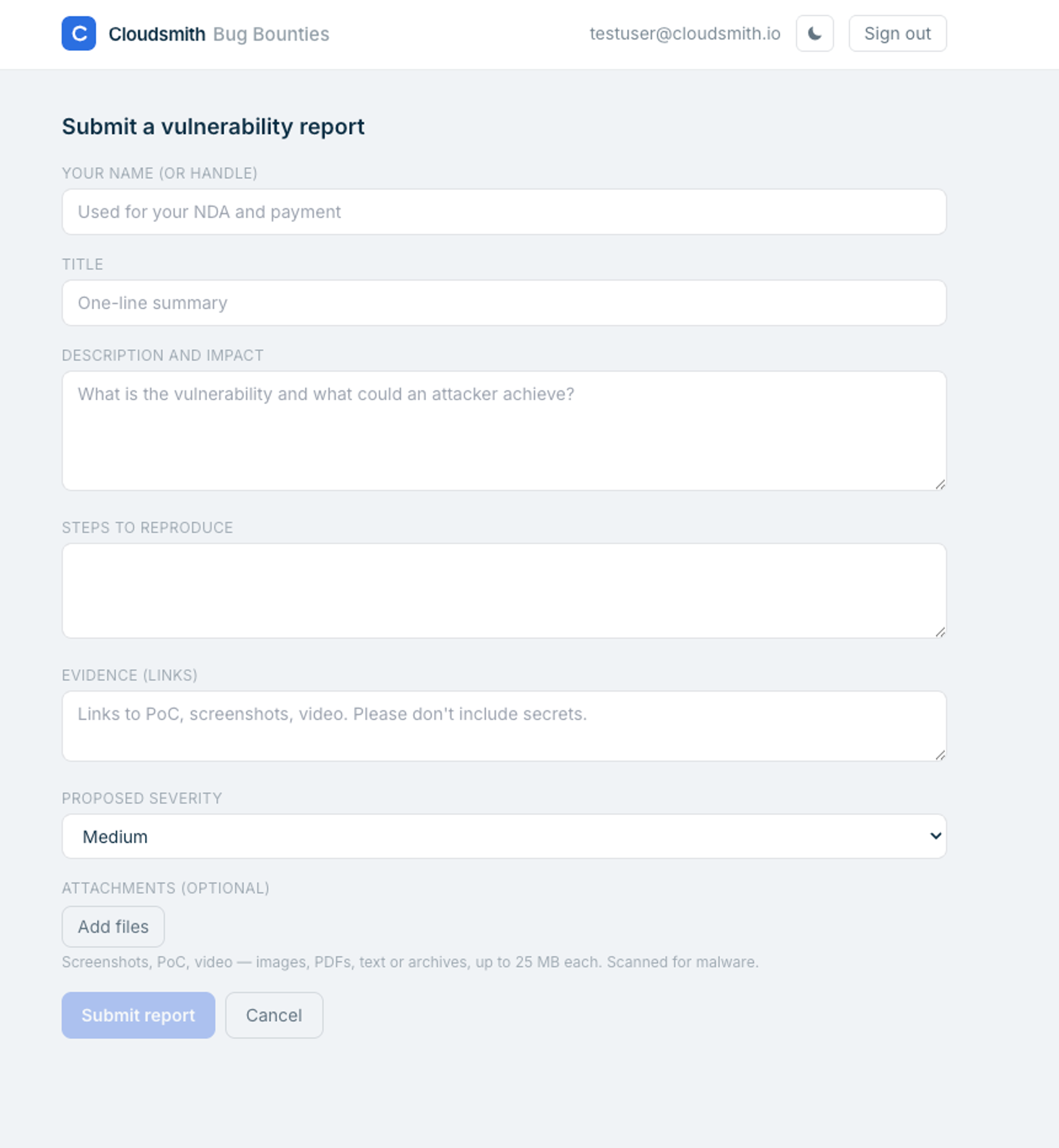 The 'Submit a vulnerability report' view of the Cloudsmith bug bounty platform.