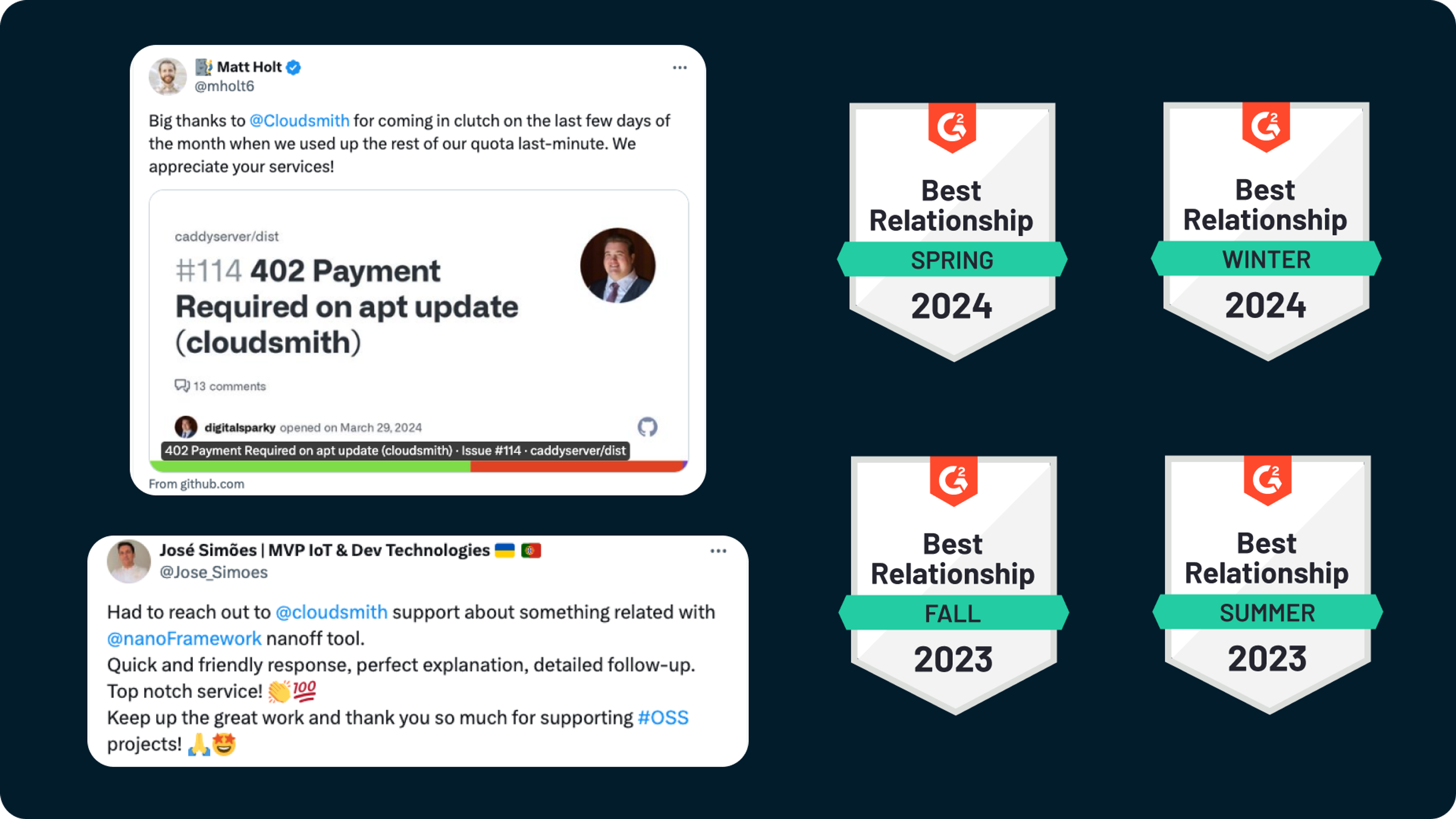 screenshots of praise from Cloudsmith customers and four G2 award badges for Best Relationship