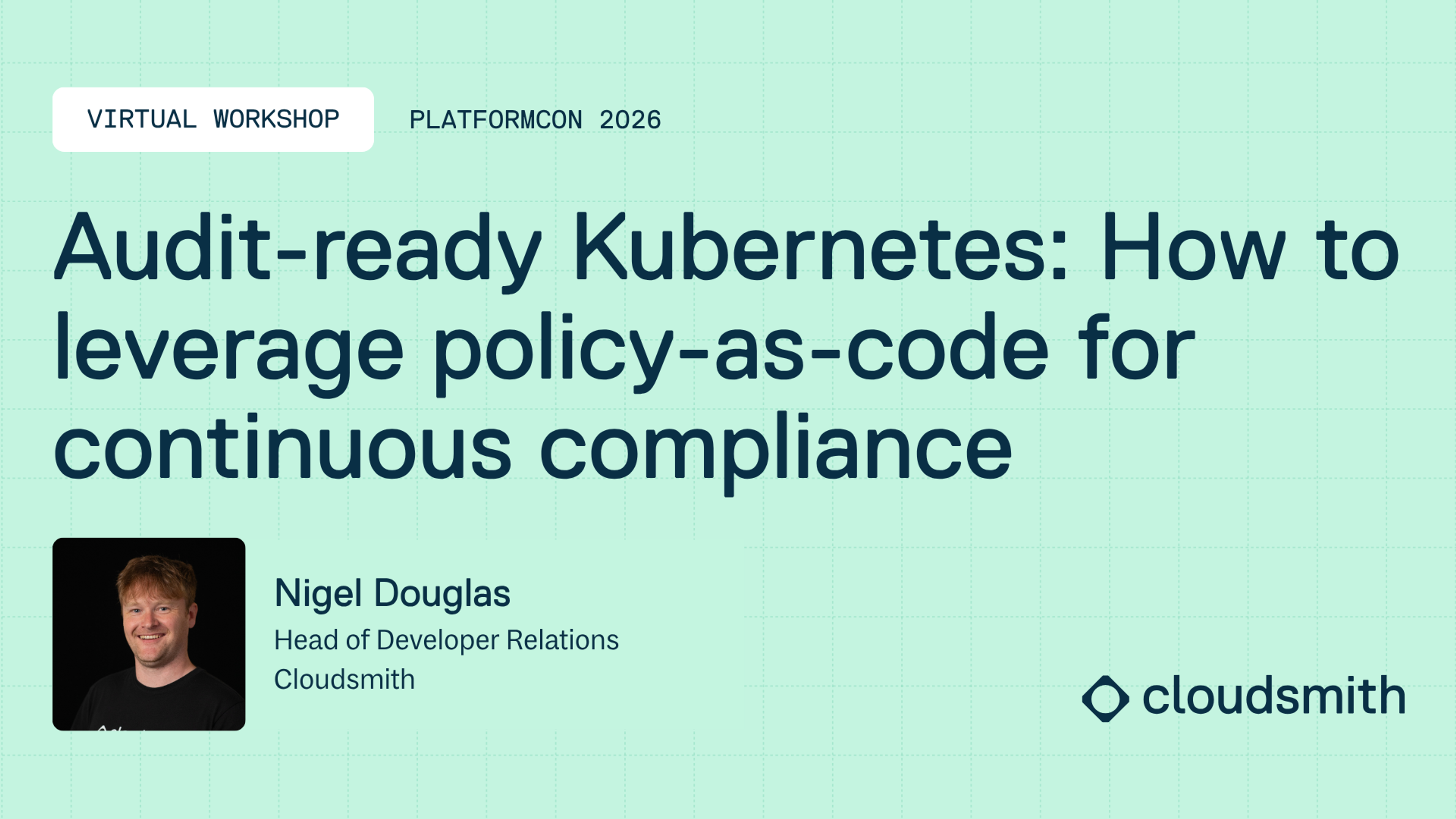 Promotional graphic for a virtual talk held by Cloudsmith at PlatformCon2025