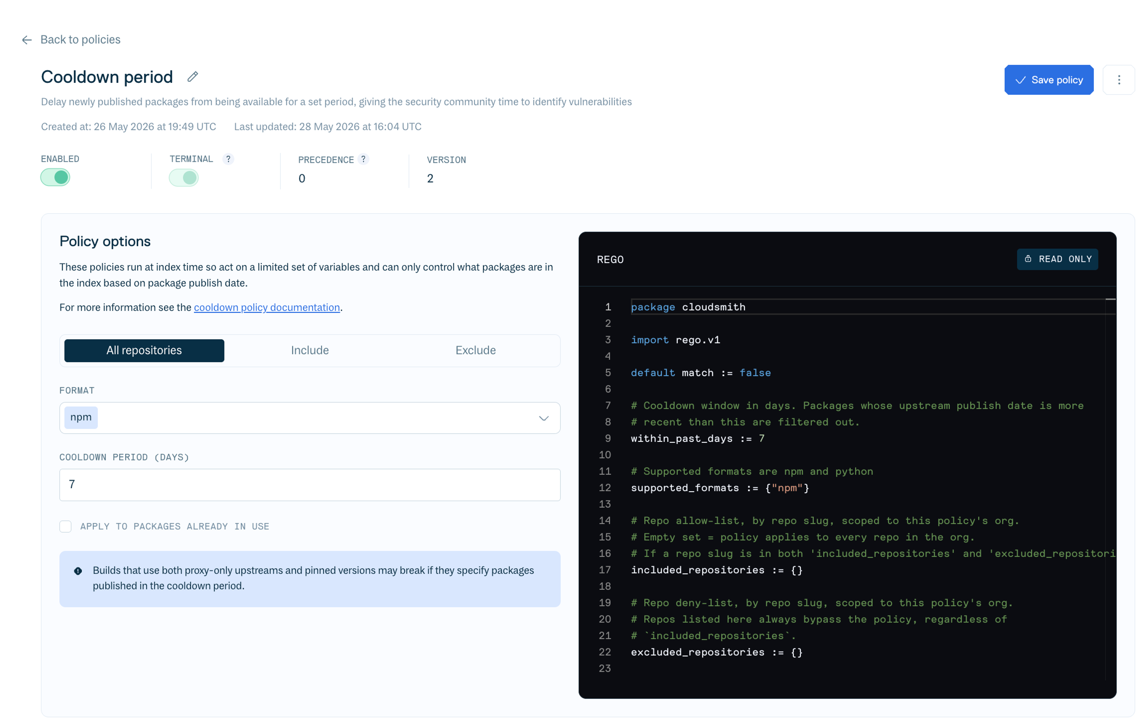 The Edit policy view of a Cloudsmith cooldown policy.