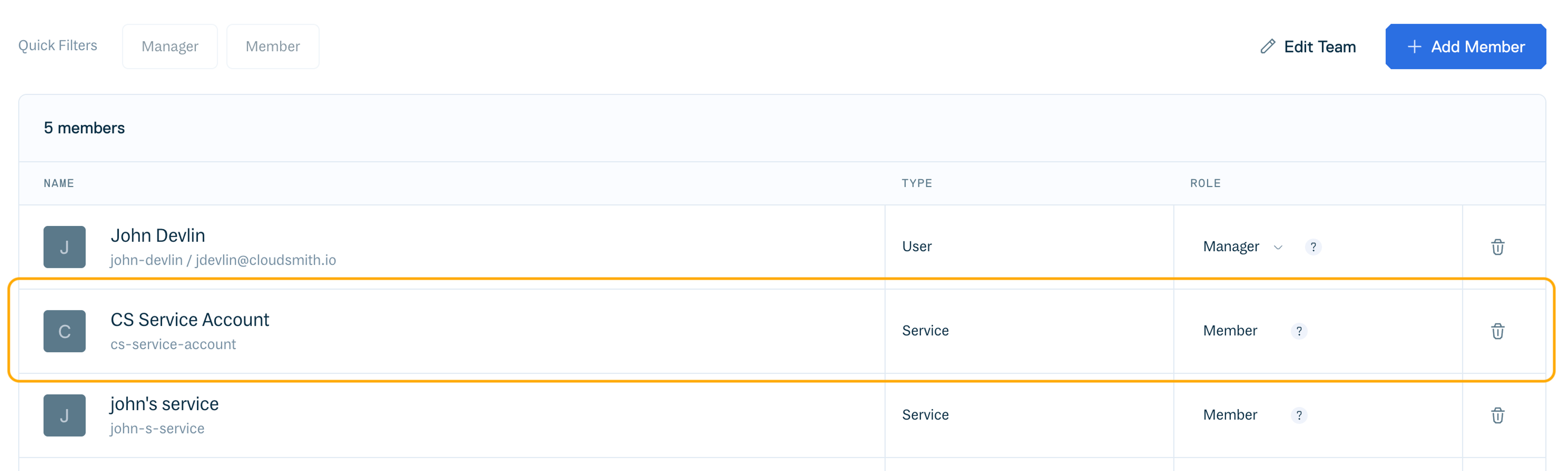 Service account visible in a team