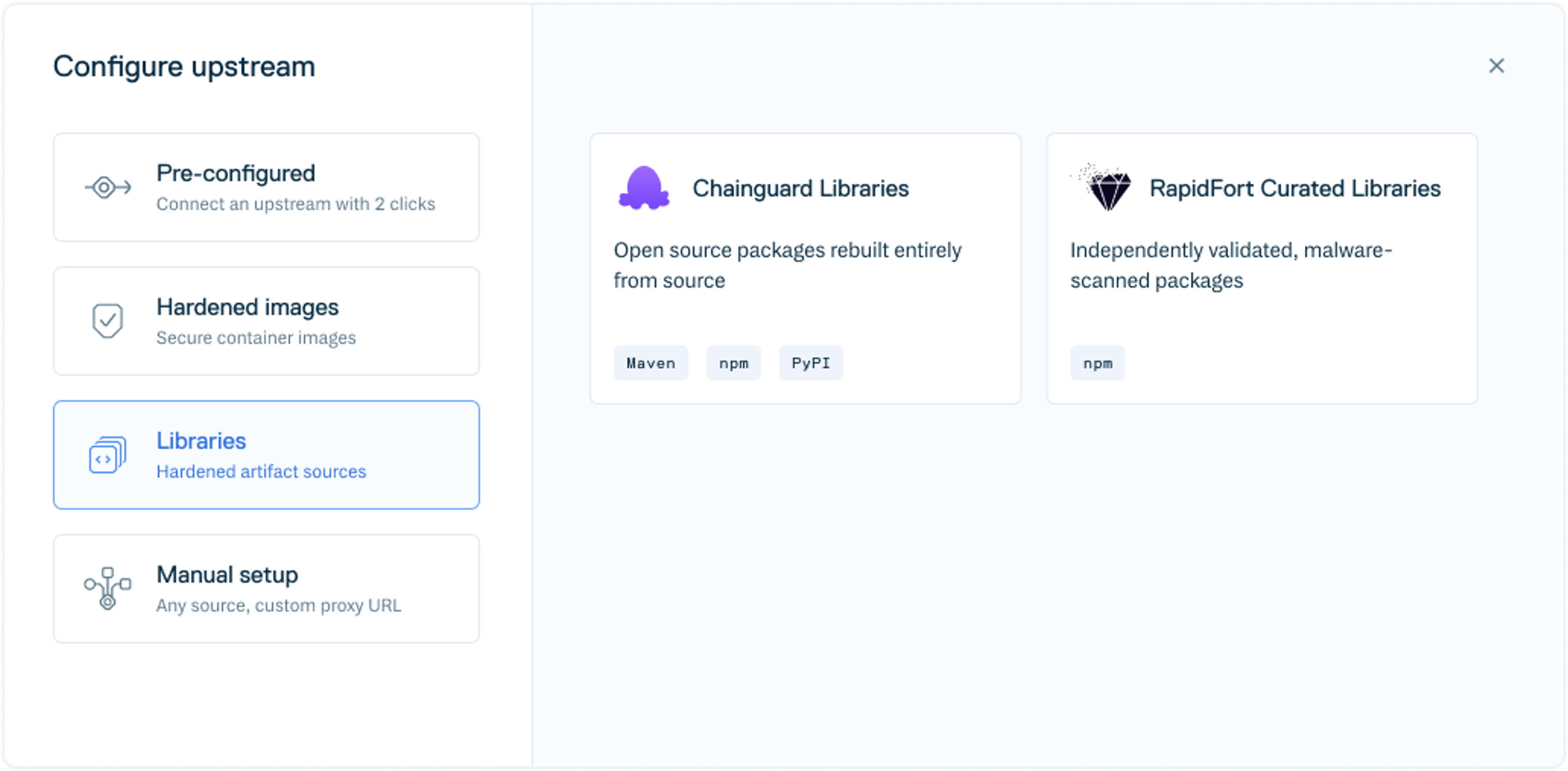 The Libraries tab of the ‘Configure upstream’ view in the Cloudsmith web app.