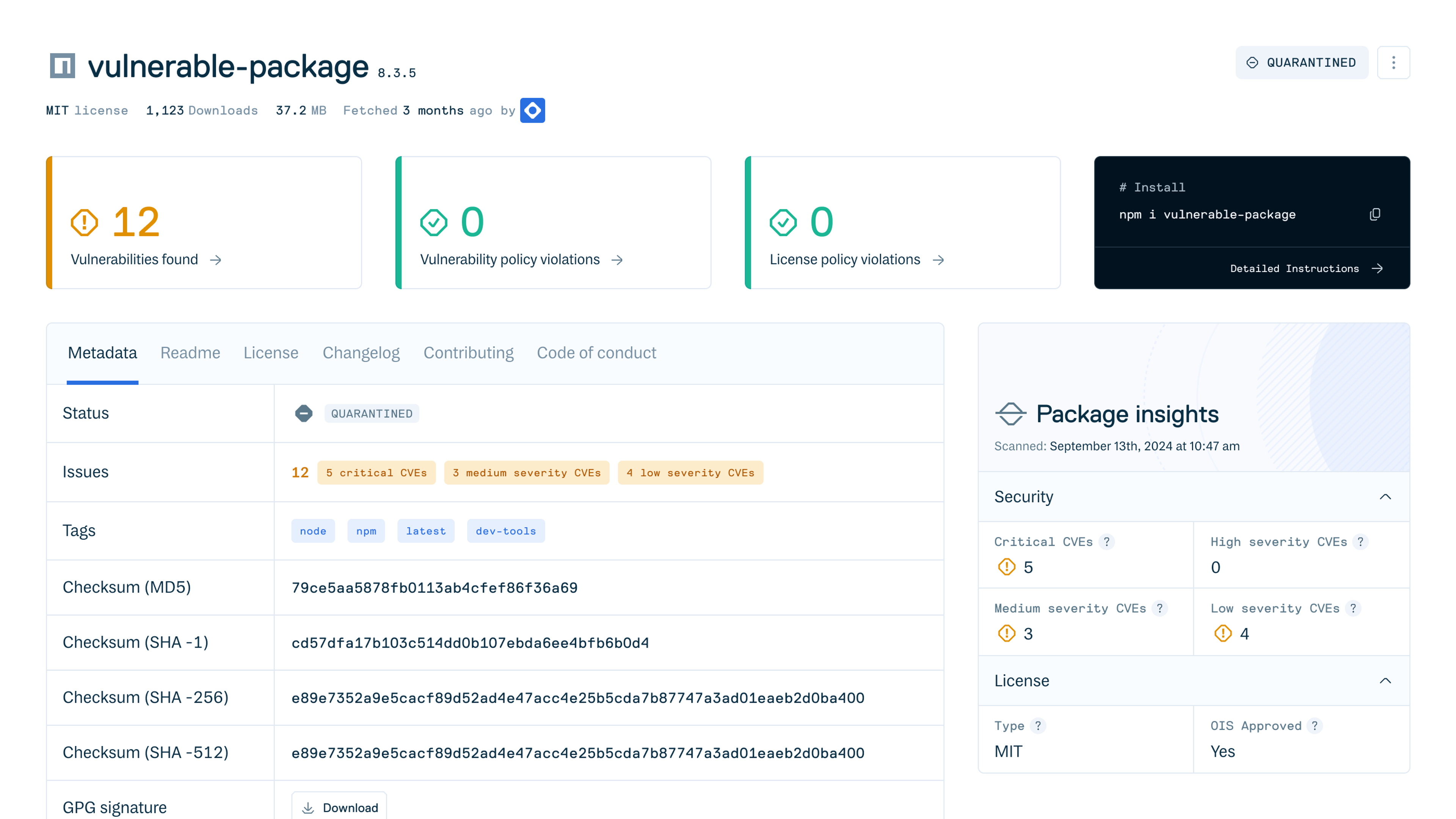 The package detail page for a quarantined package with vulnerabilities 