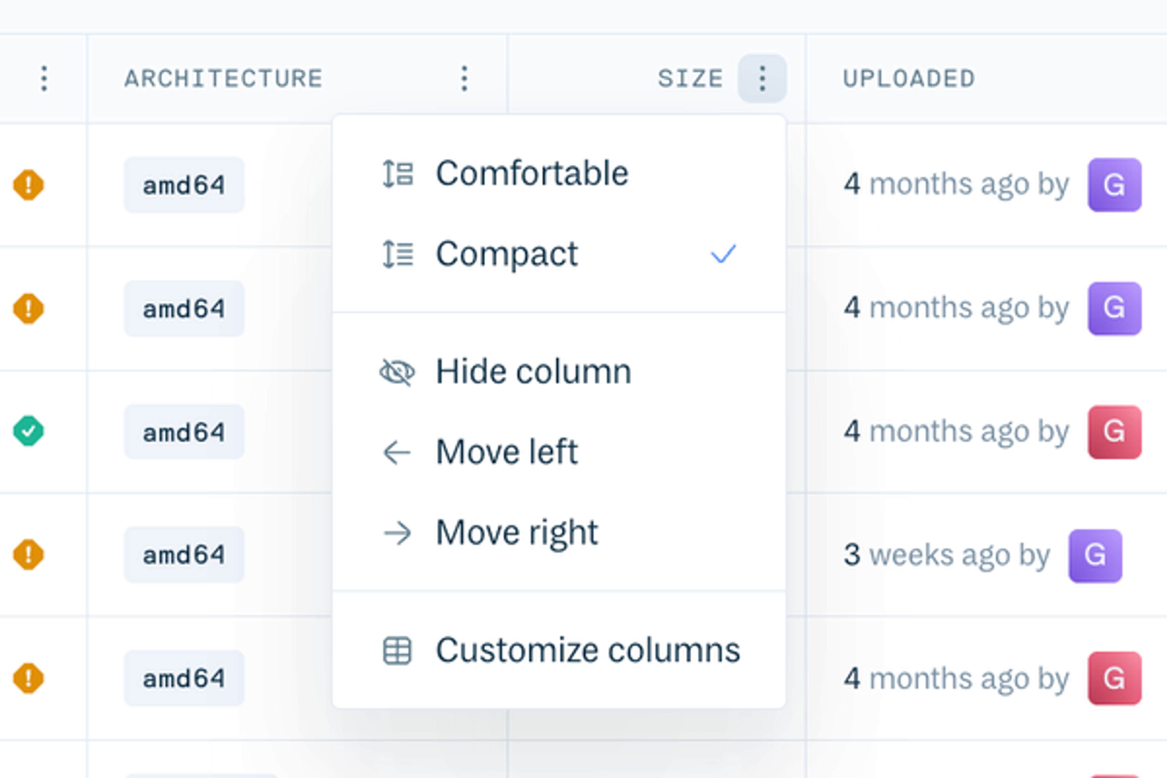 Table density settings