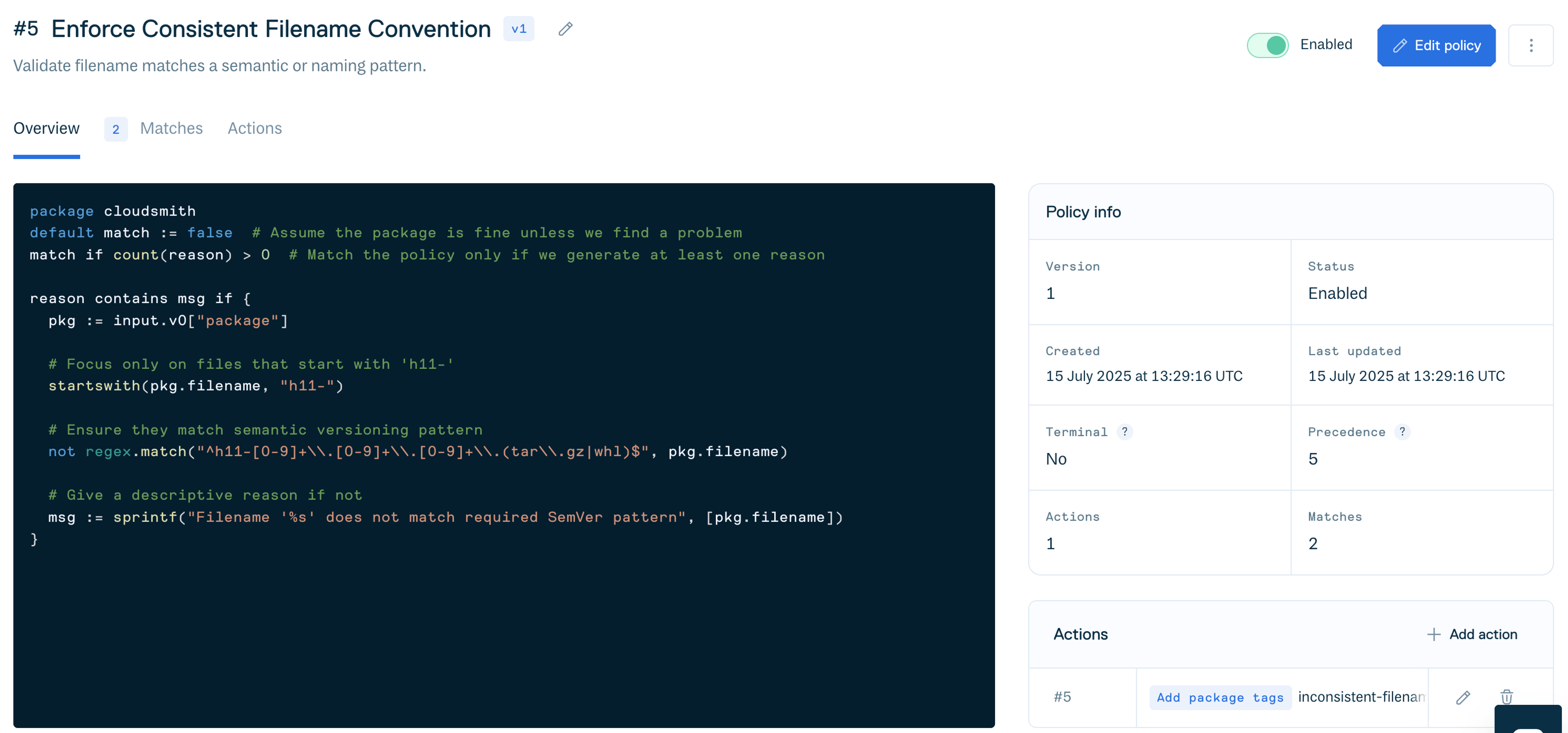 Cloudsmith UI after policy is created and actions are assigned