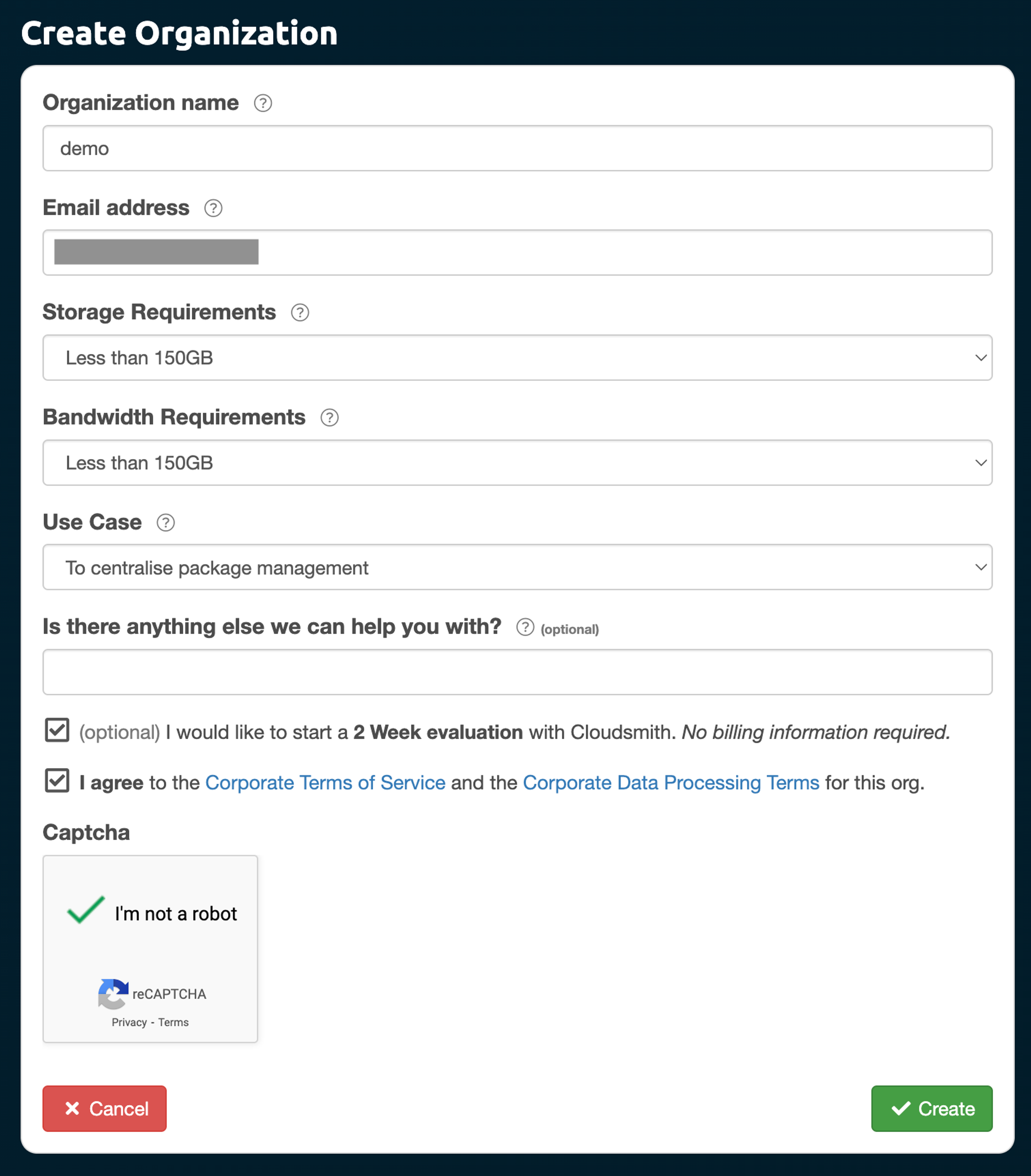 Screenshot on Cloudsmith of the Organization creation form.