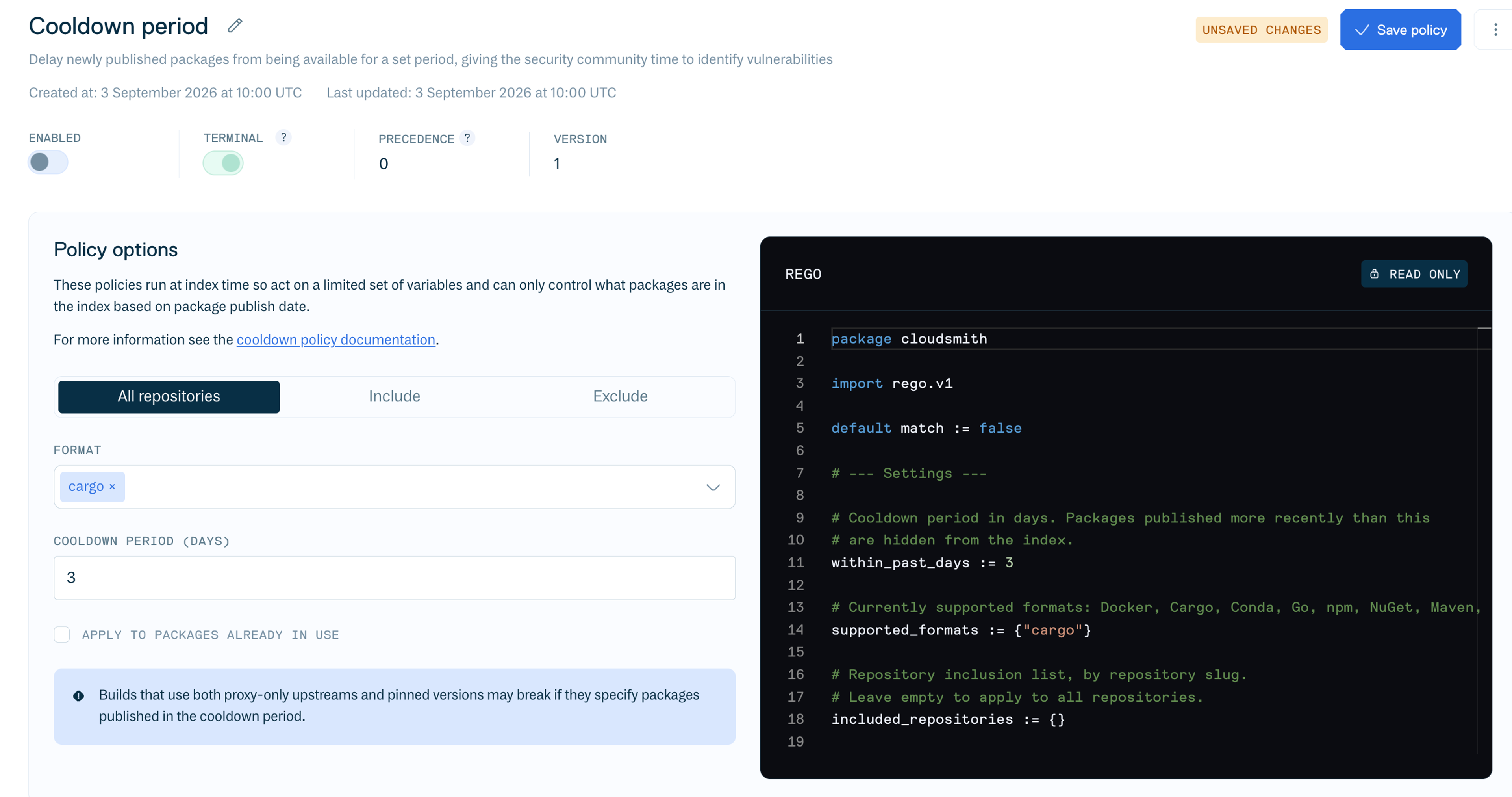 The Cooldown period edit view in the Cloudsmith web app.
