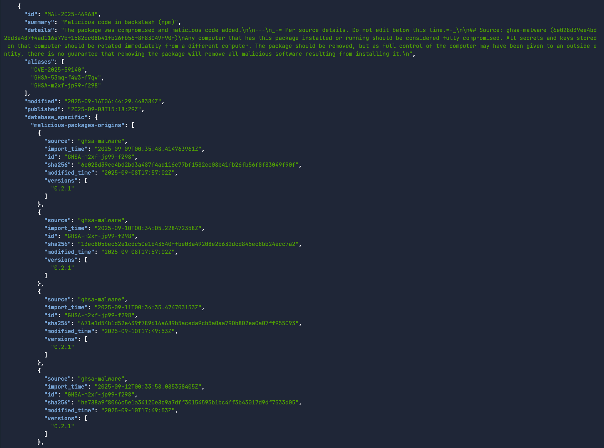 MAL-2025-46968 in OSV CLI scan