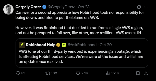 Gergely Orosz, Tweeting on X/Twitter about Robinhood
