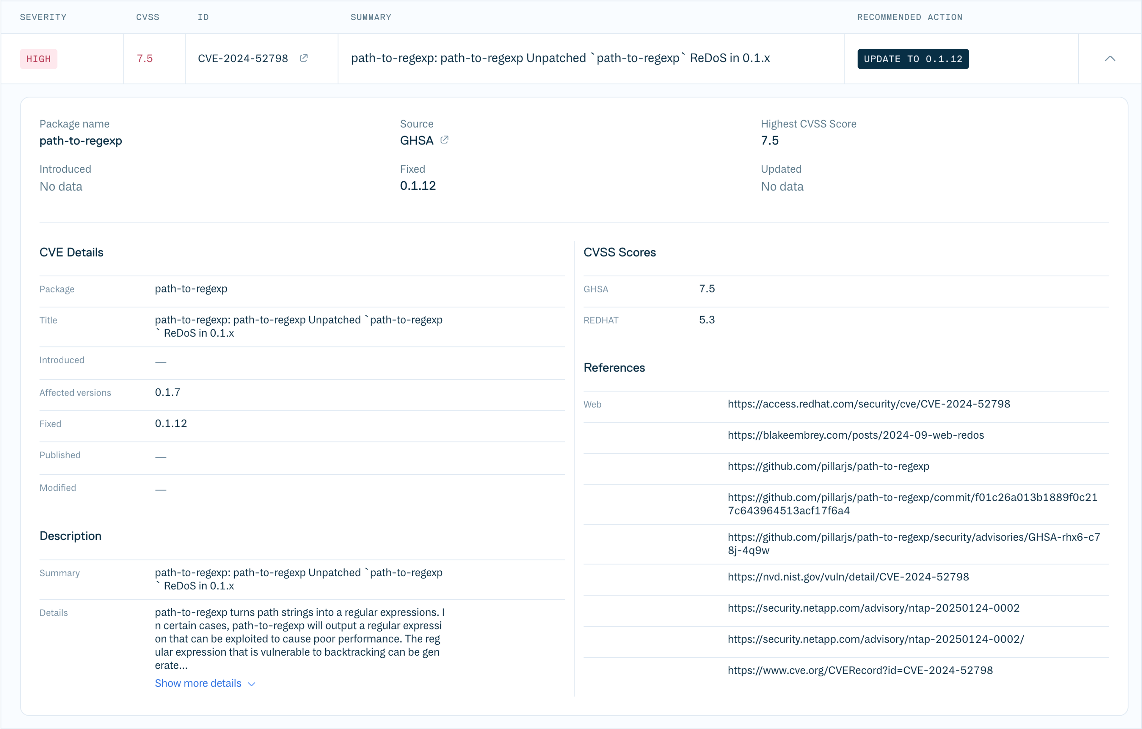 Expanded row for vulnerability details