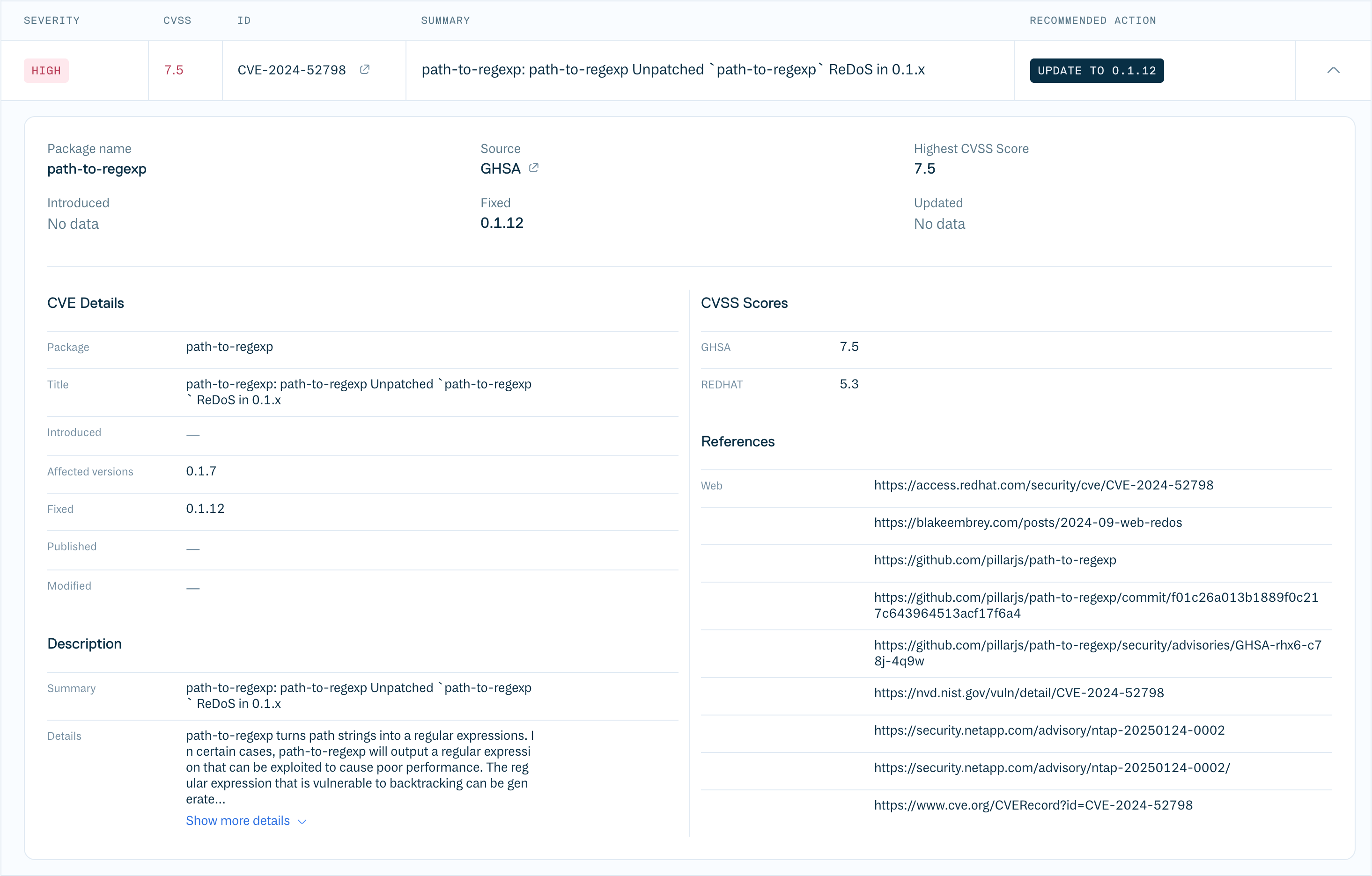 Expanded row for vulnerability details