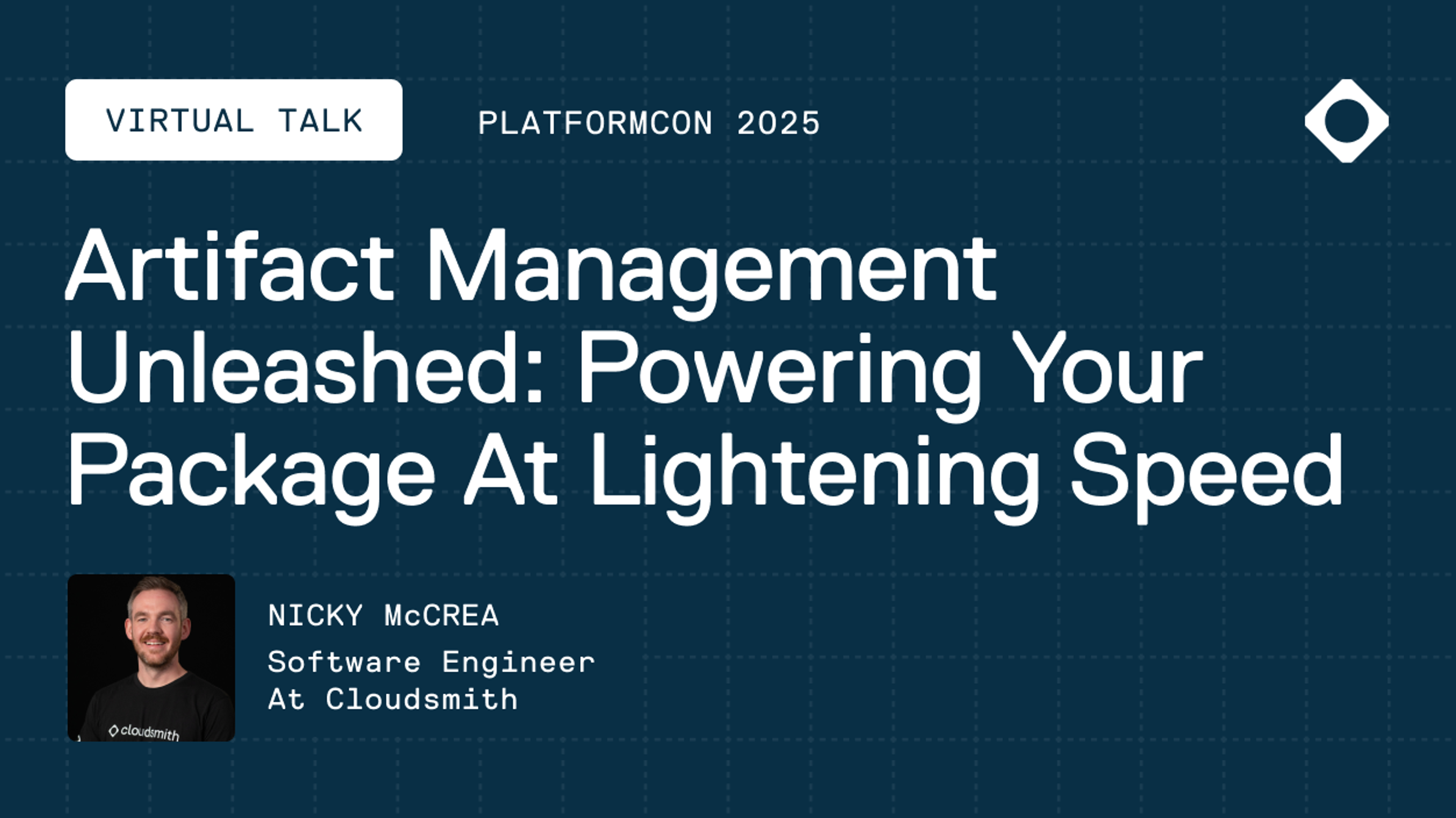 Promotional graphic for a virtual talk held by Cloudsmith at PlatformCon2025
