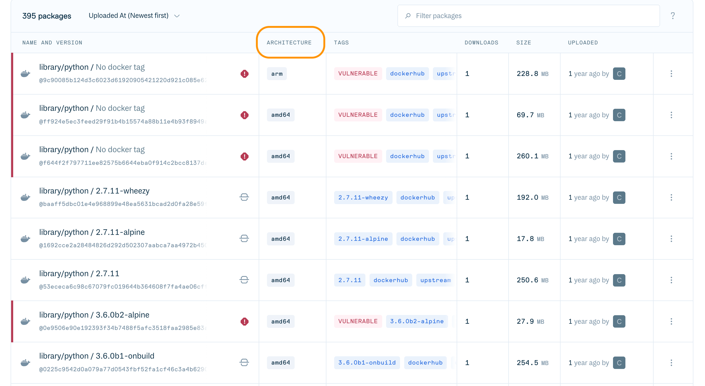 A screenshot showing a new column in our web application, architecture, relevant to a Docker container