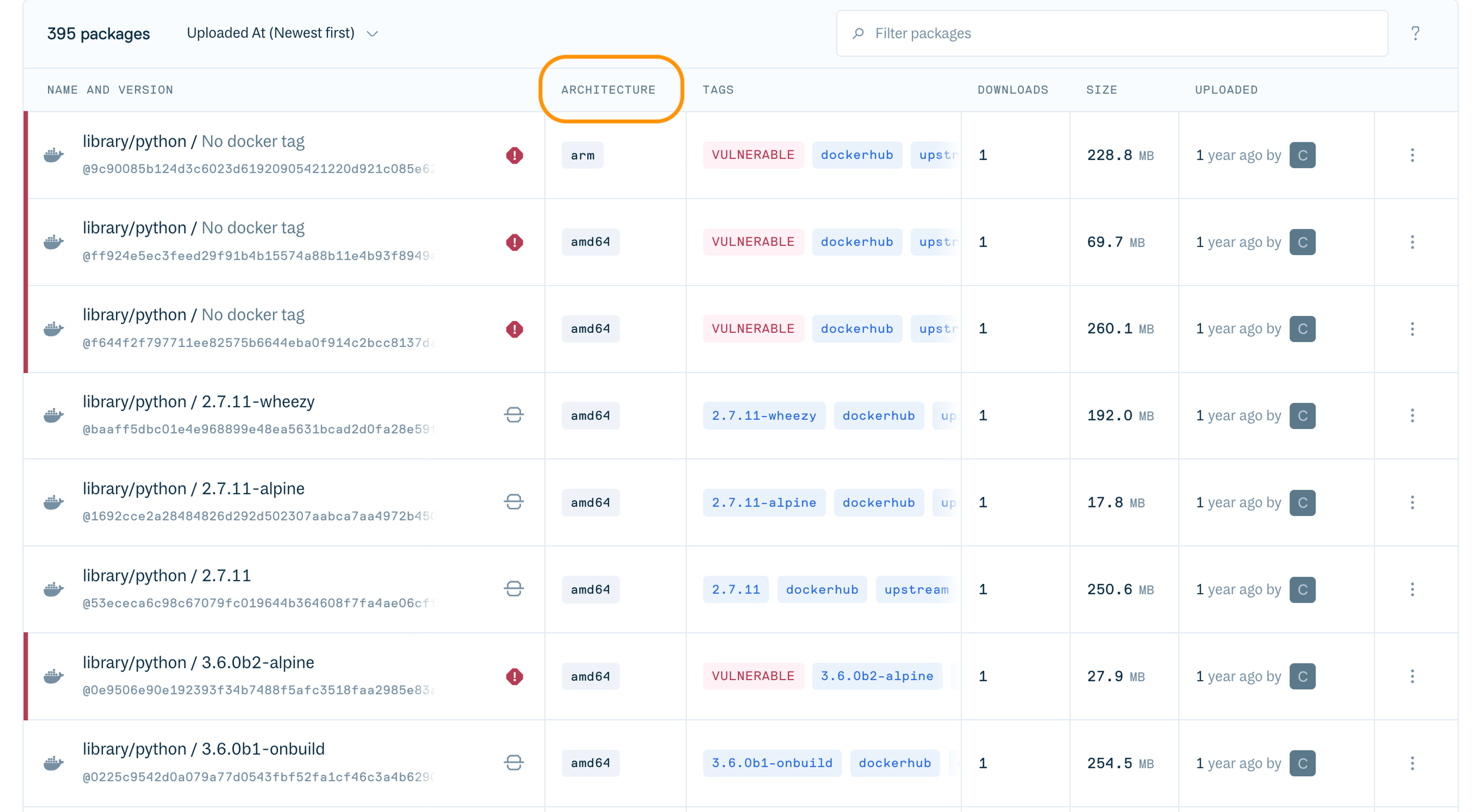 A screenshot showing a new column in our web application, architecture, relevant to a Docker container
