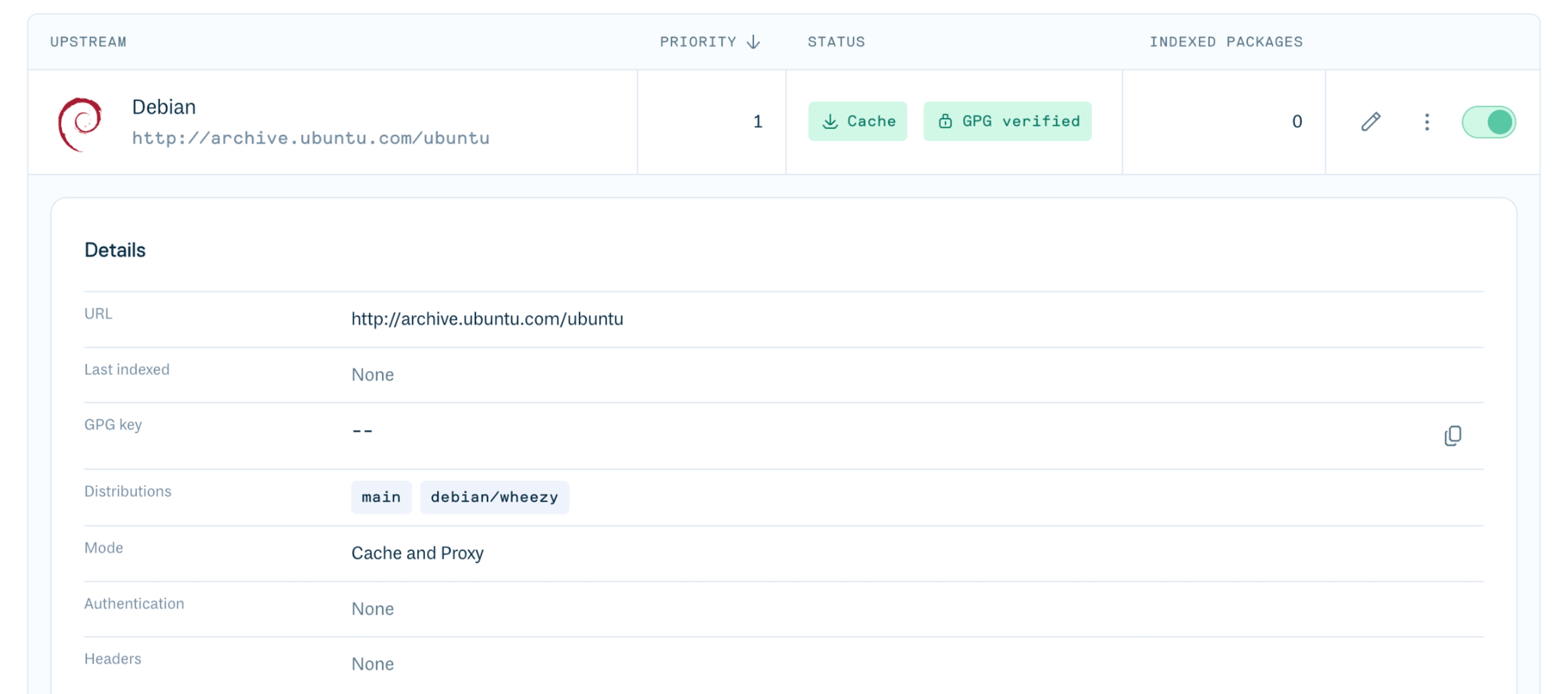 An expanded row in the upstreams table 