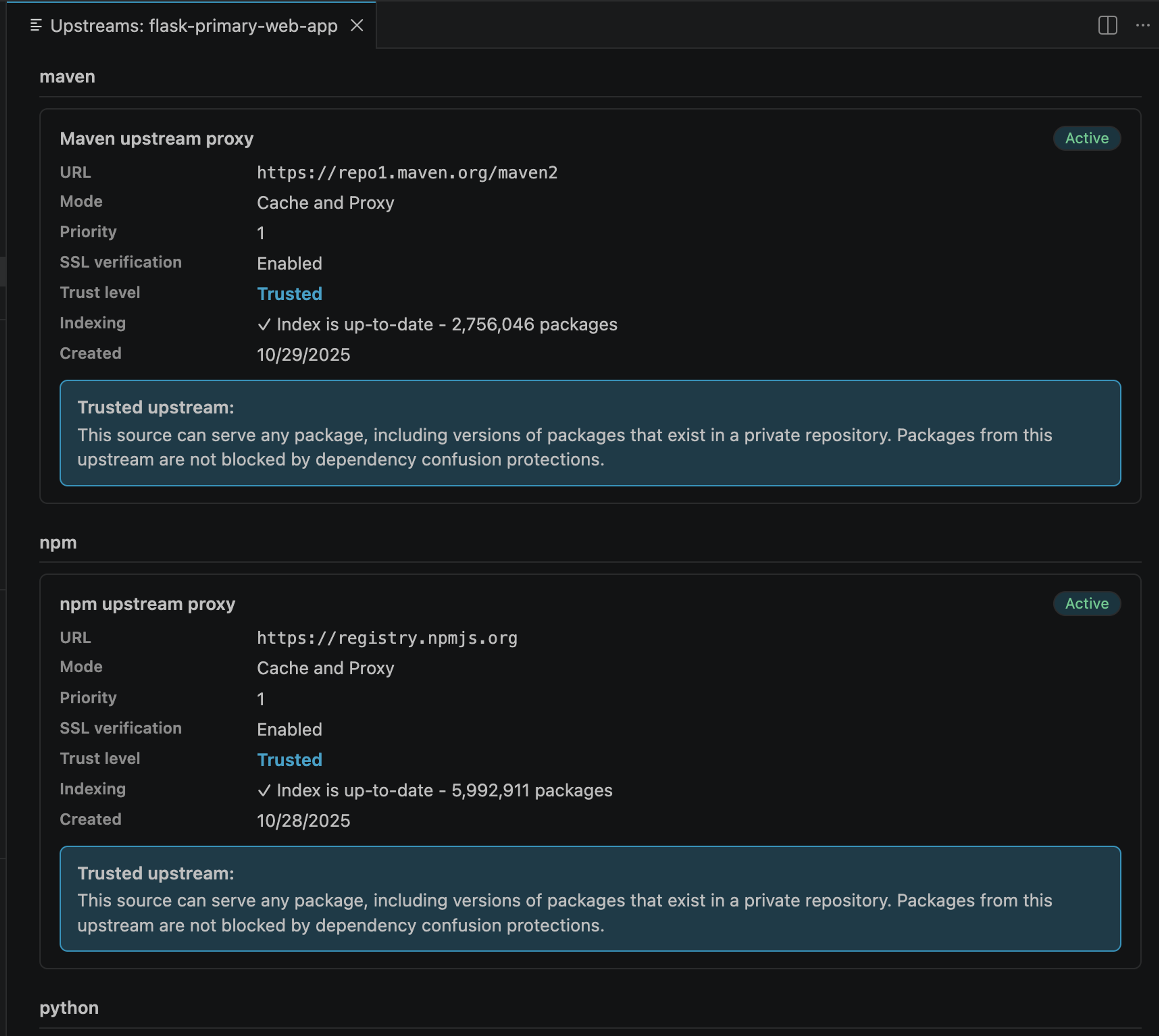Cloudsmith VS Code editor upstream webview