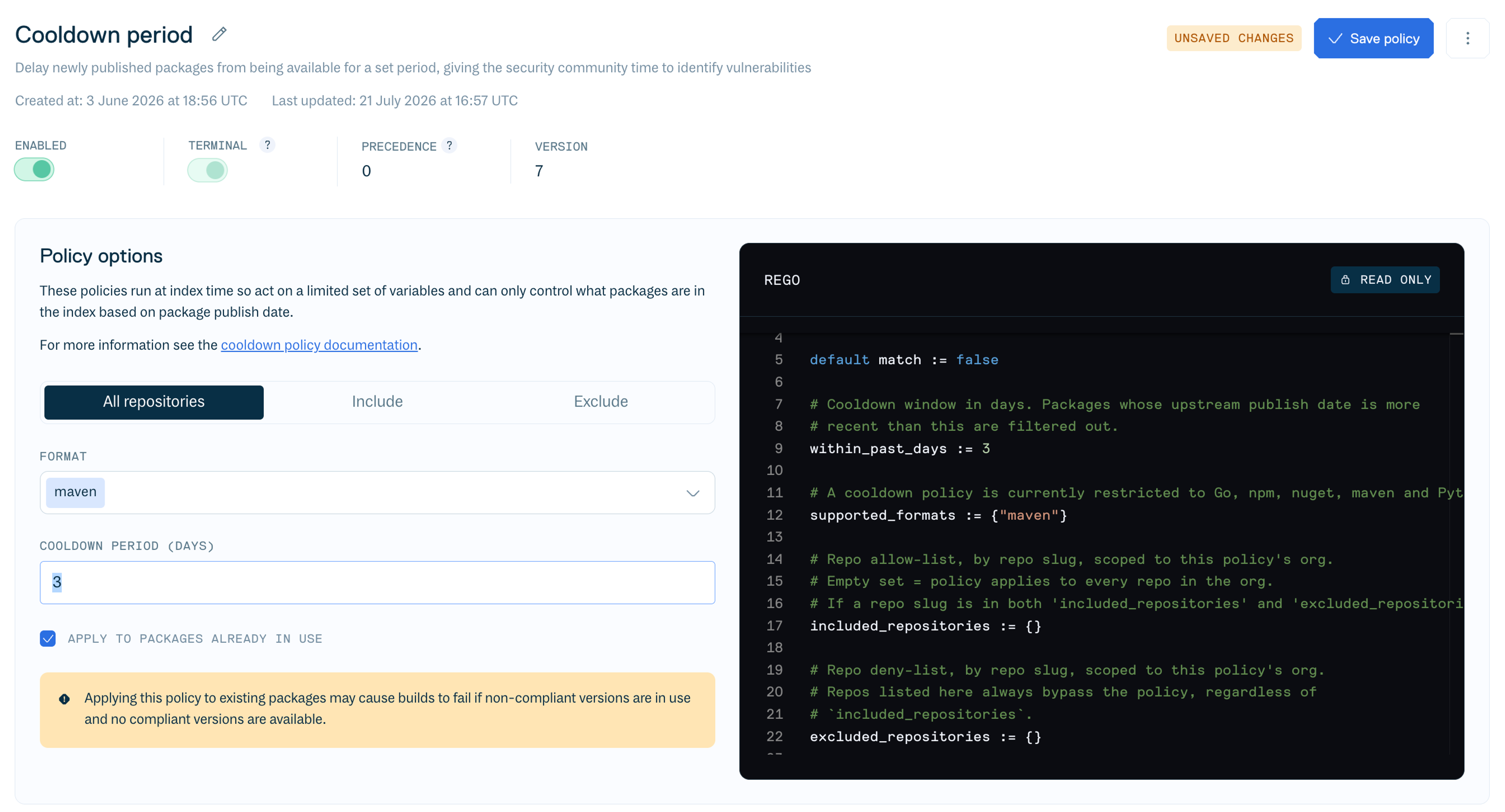 The edit view for a cooldown policy in the Cloudsmith web app.