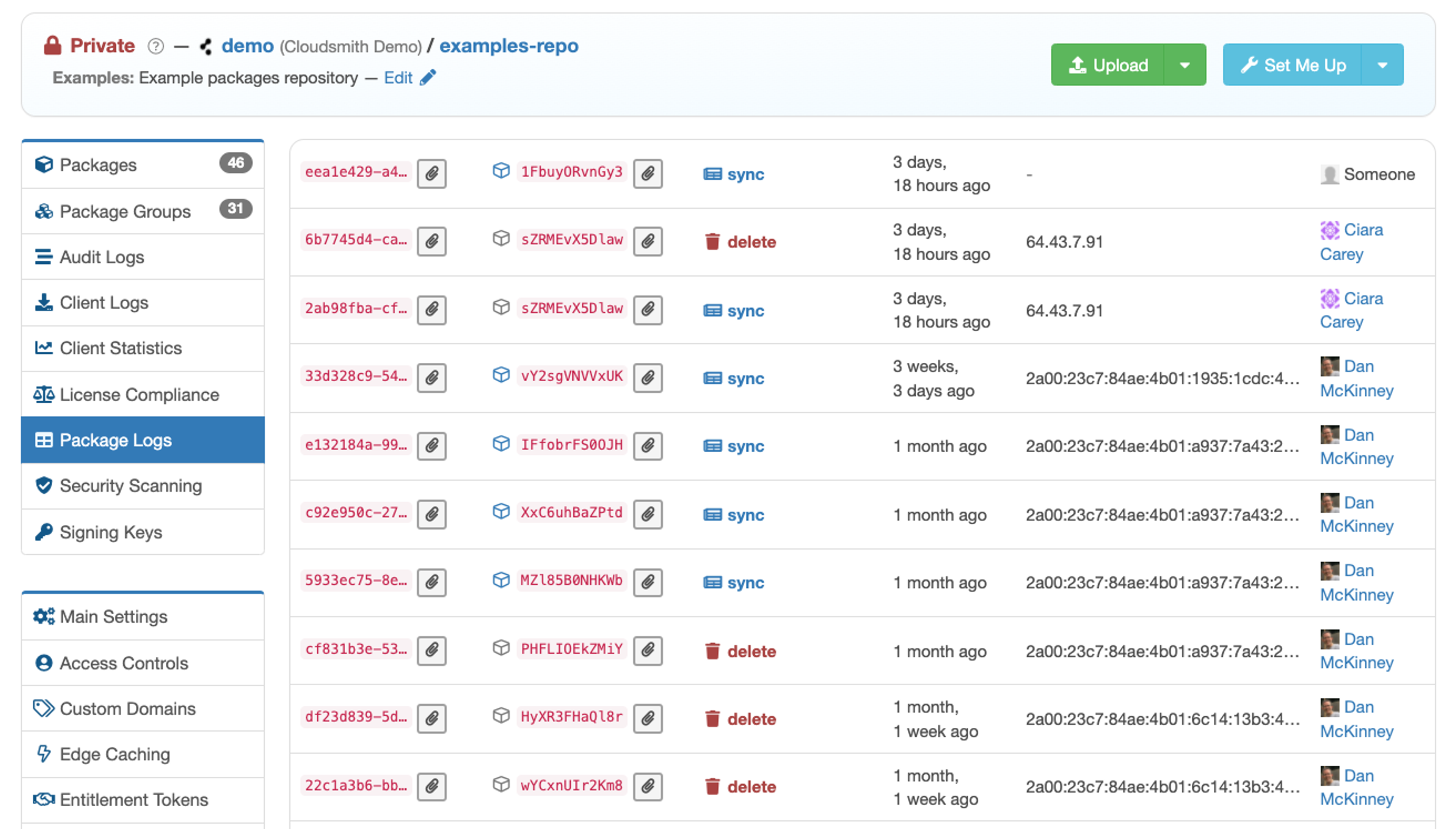 our legacy app showing package audit logs
