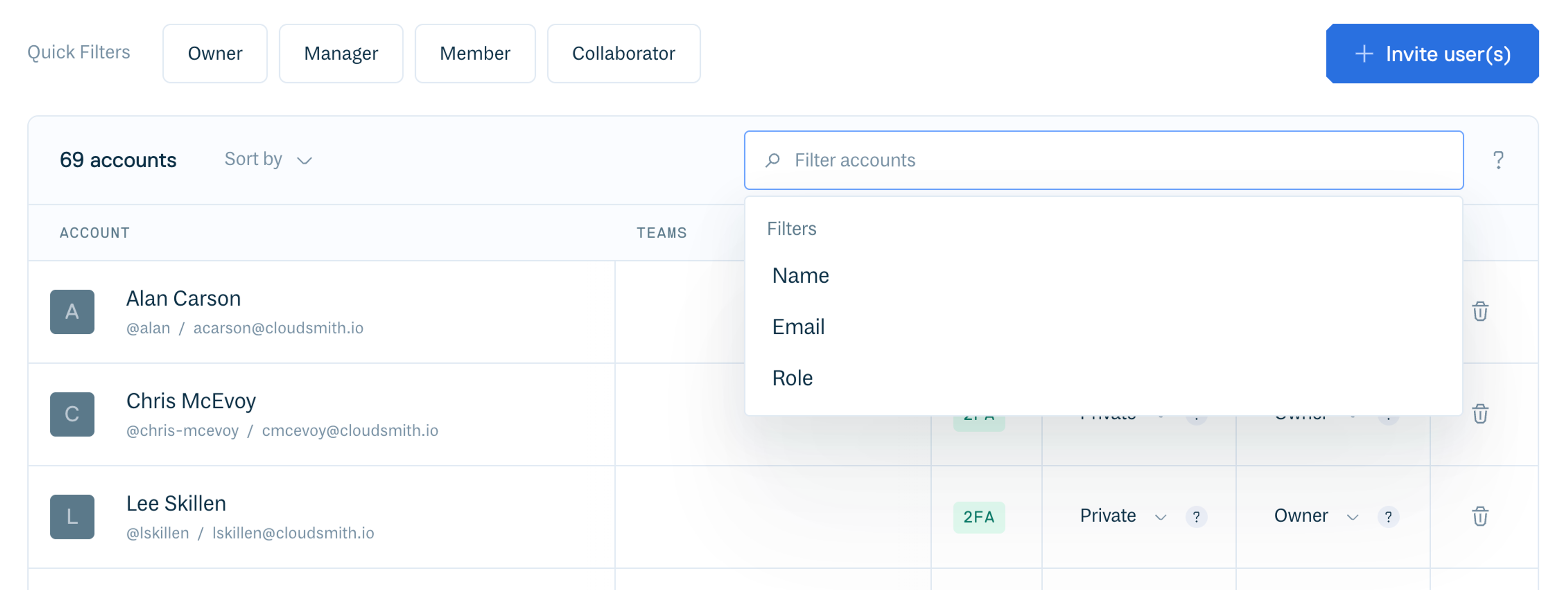 Filtering accounts in the web application