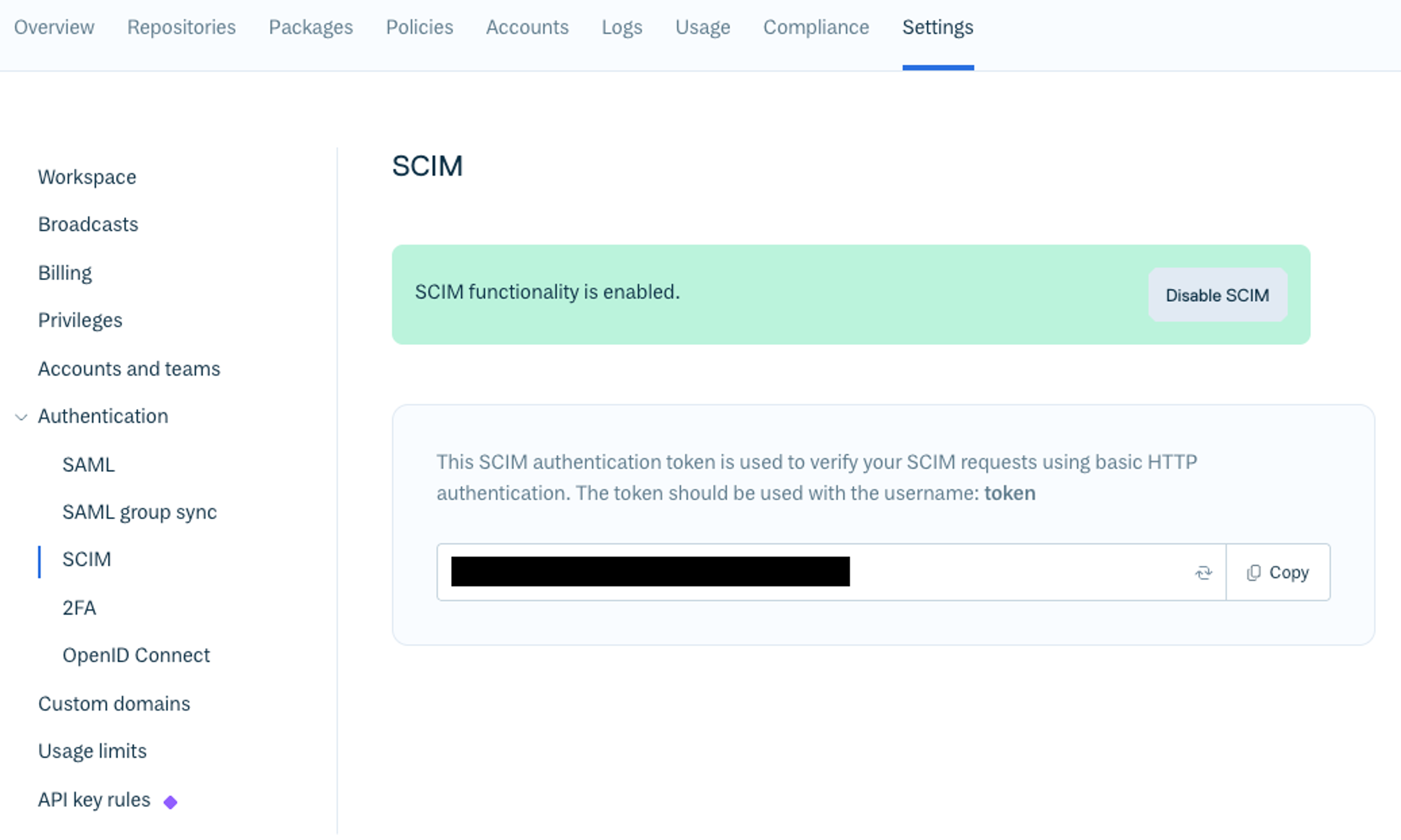 The SCIM section of the workspace authentication settings in the Cloudsmith web app.