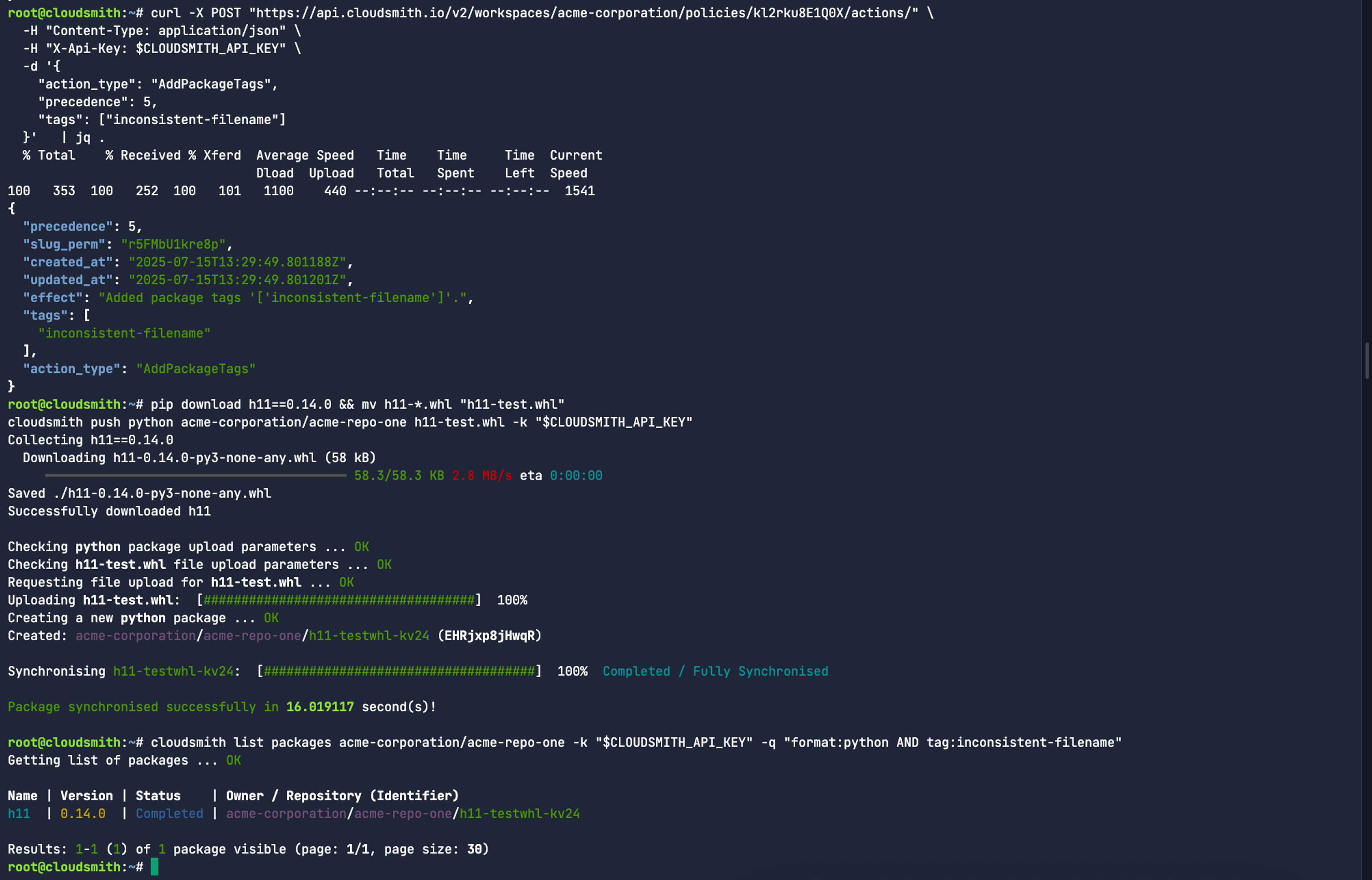 Pushing package to Cloudsmith and confirming tag assignment
