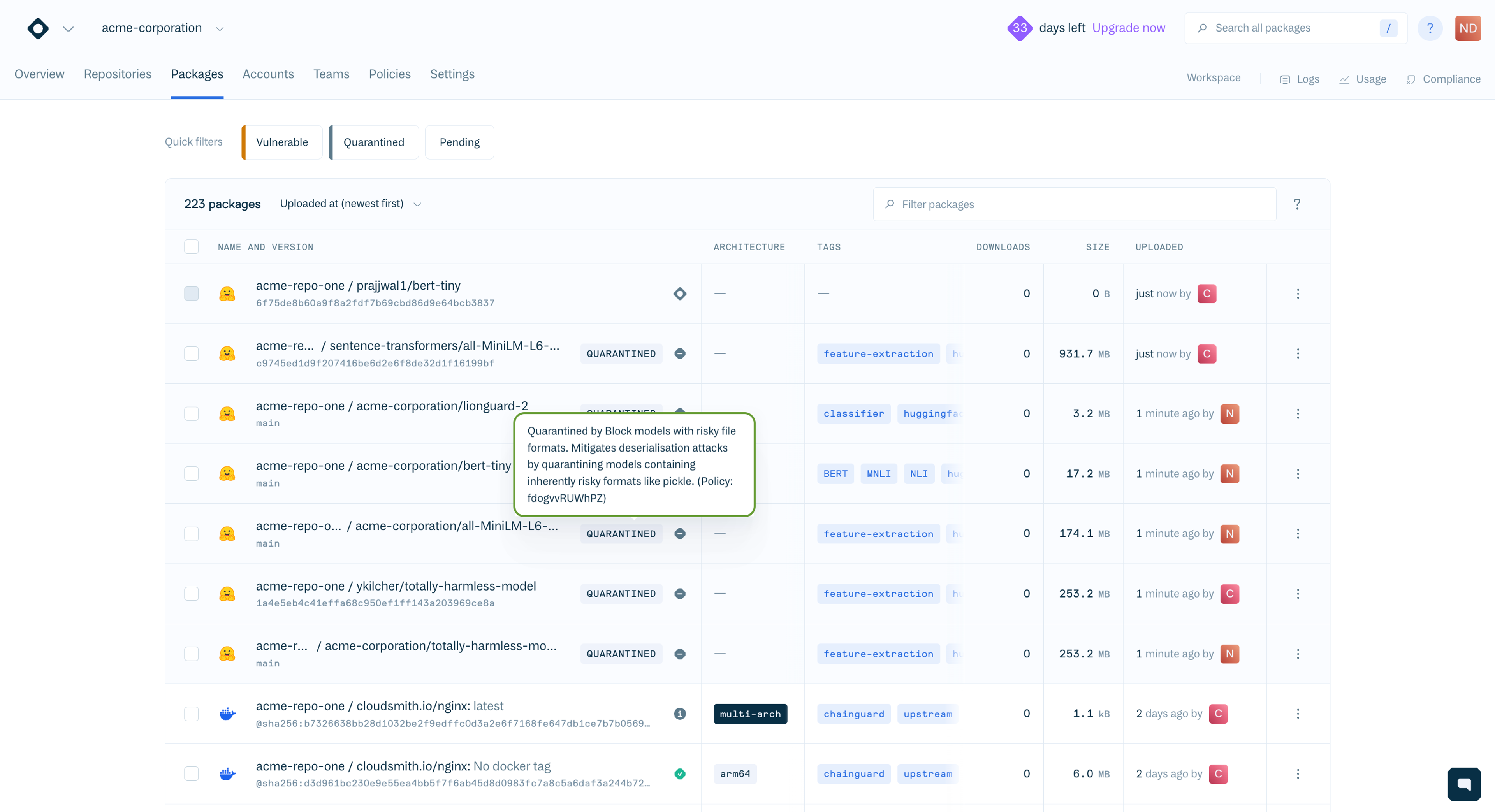 Quarantined Hugging Face models in Cloudsmith