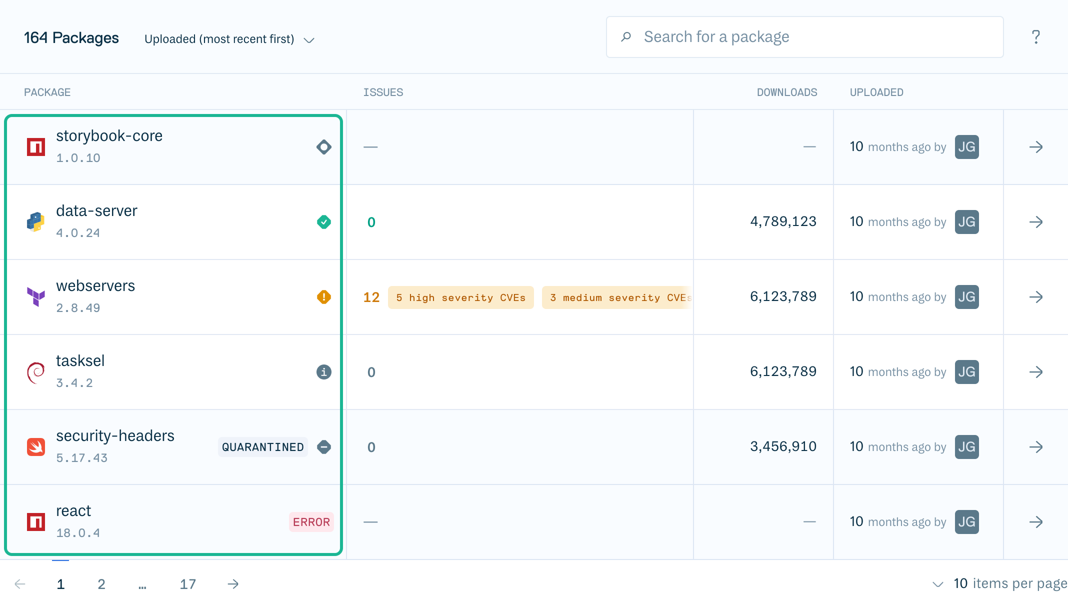 Package status indicators in the compliance table