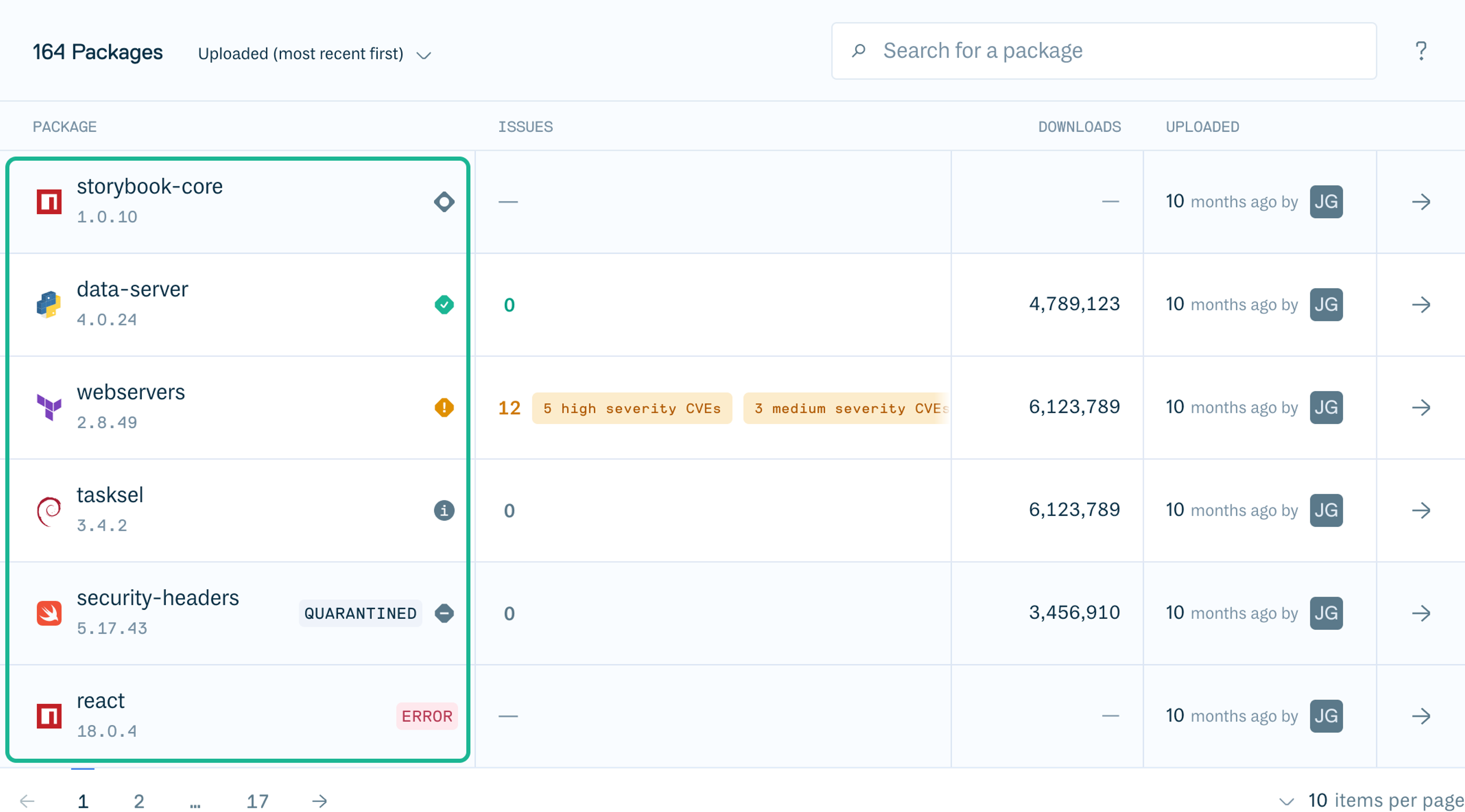 Package status indicators in the compliance table