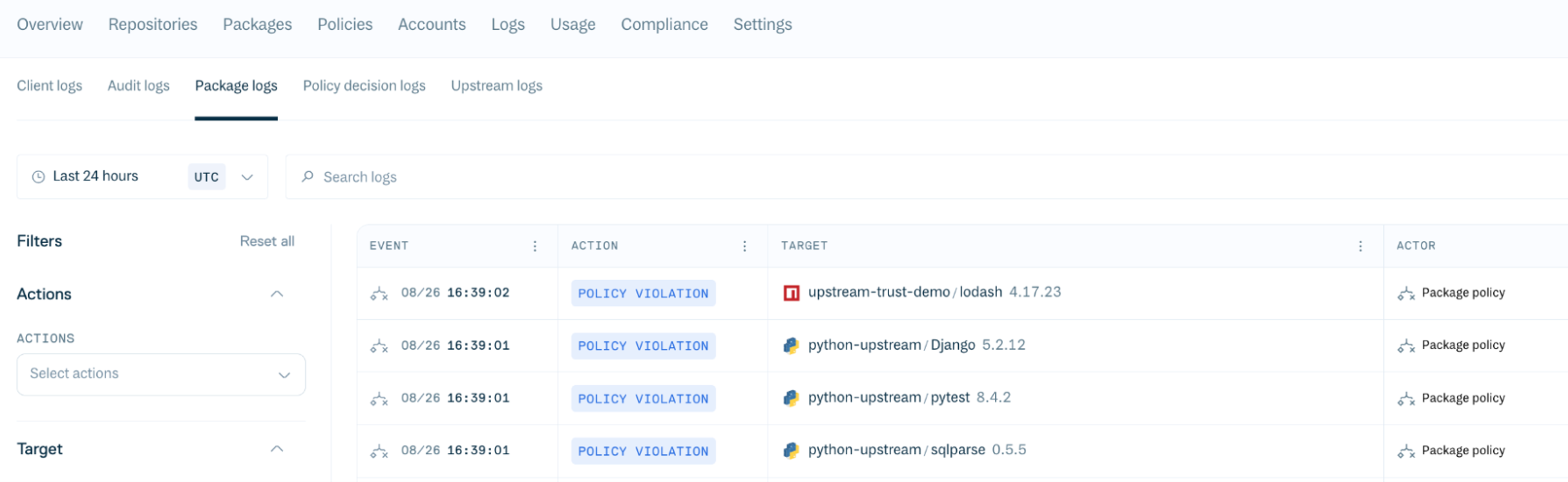 The package logs view in the Cloudsmith web app.