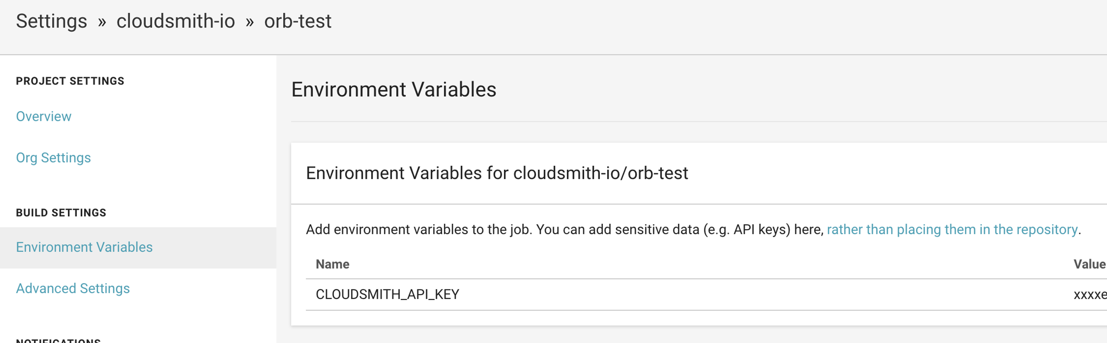 Cloudsmith circleci config screen