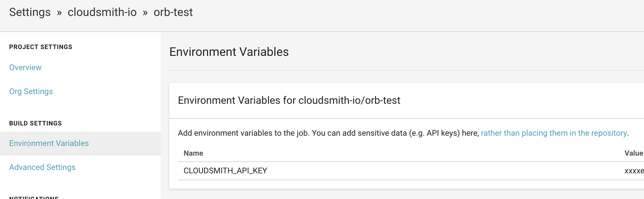 Cloudsmith circleci config screen