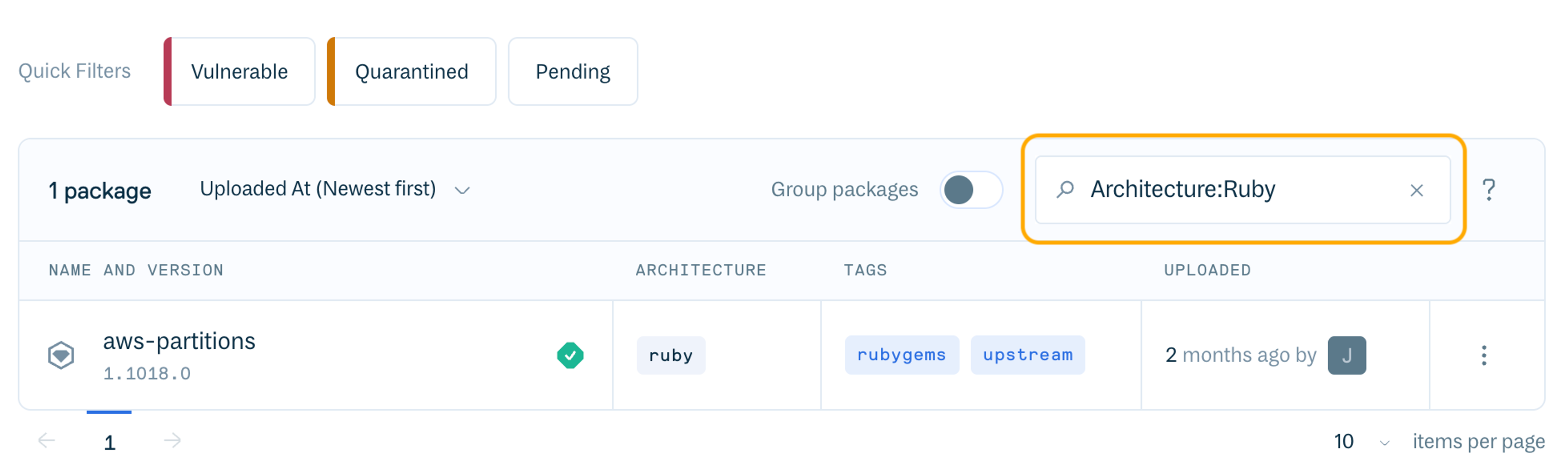 Architecture filter applied in a repo