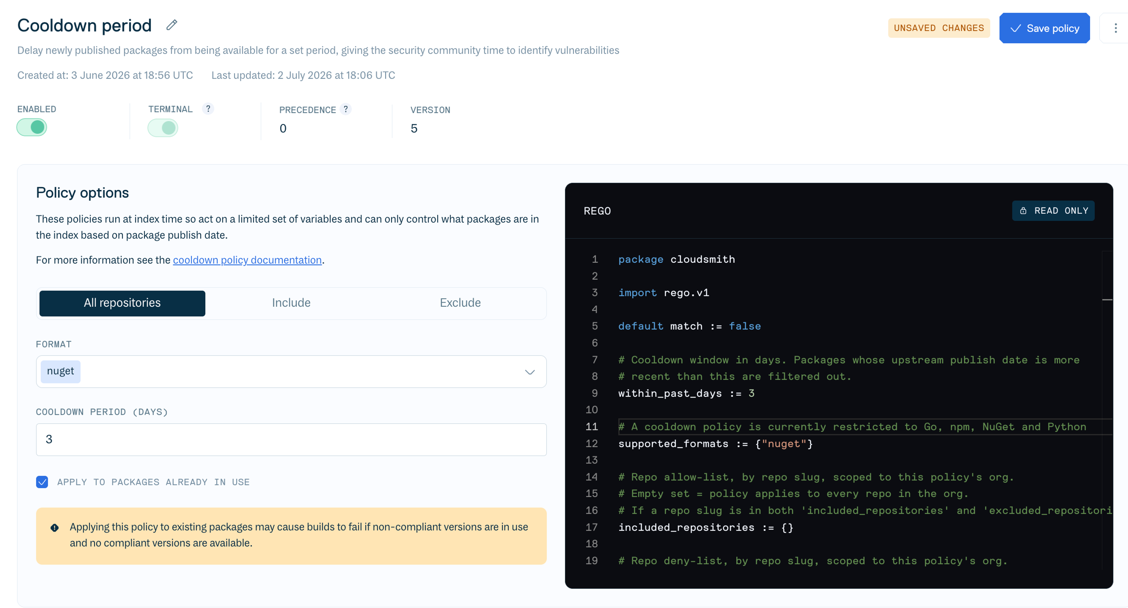 Cooldown period 'edit' view in the Cloudsmith web app.