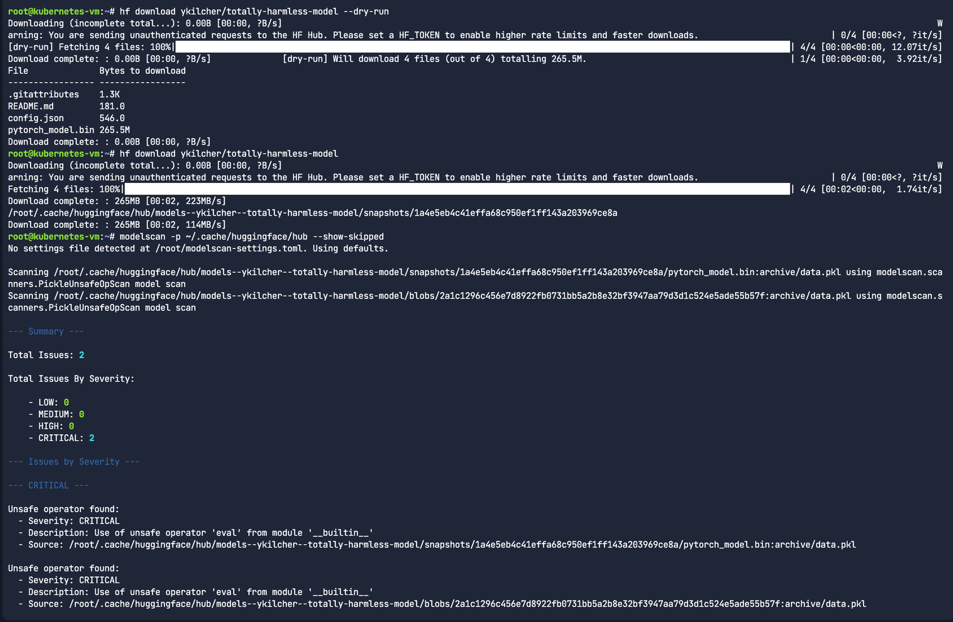 Output from running modelscan on fake (totally harmless) model