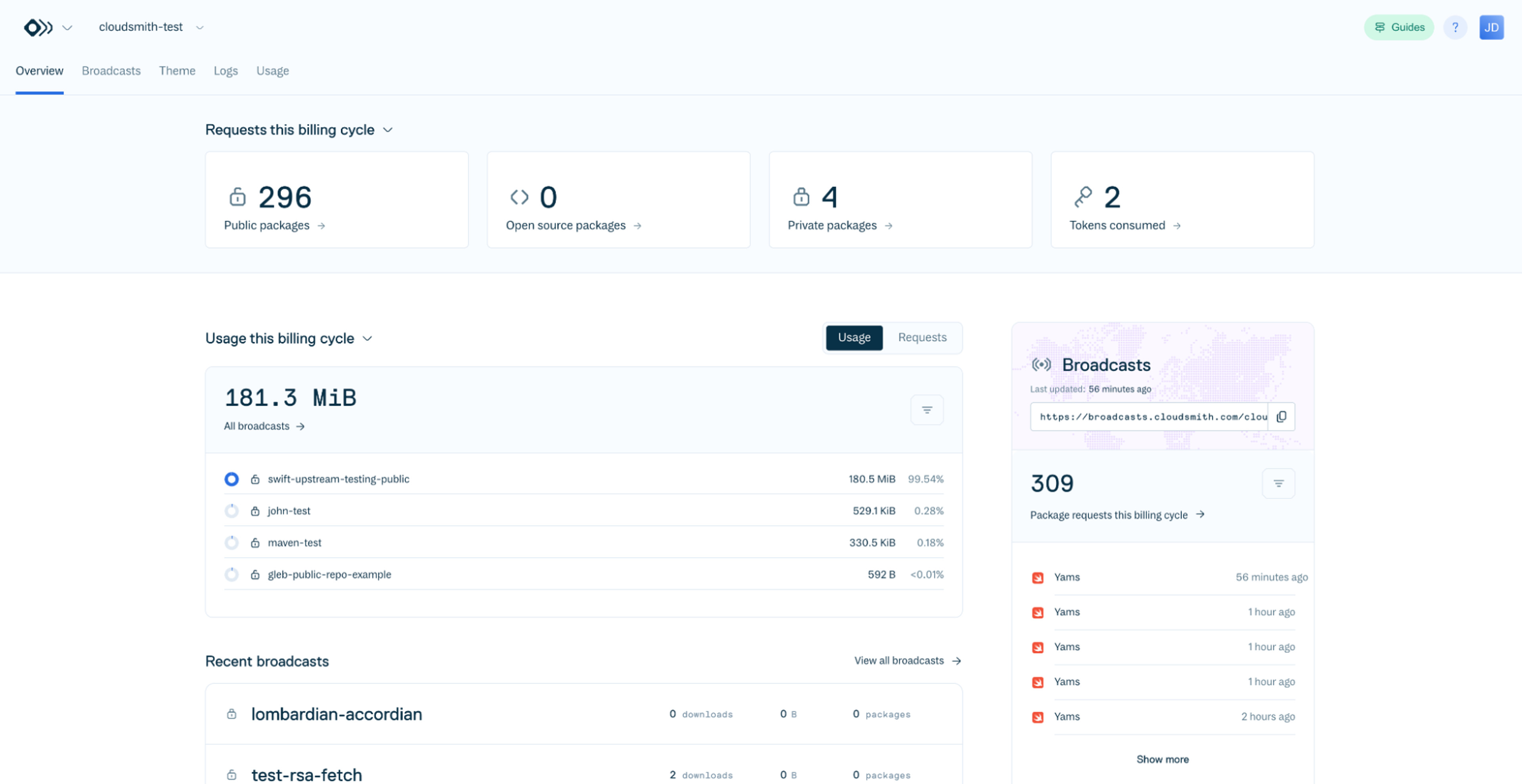 The Overview tab of the Cloudsmith Broadcasts app.